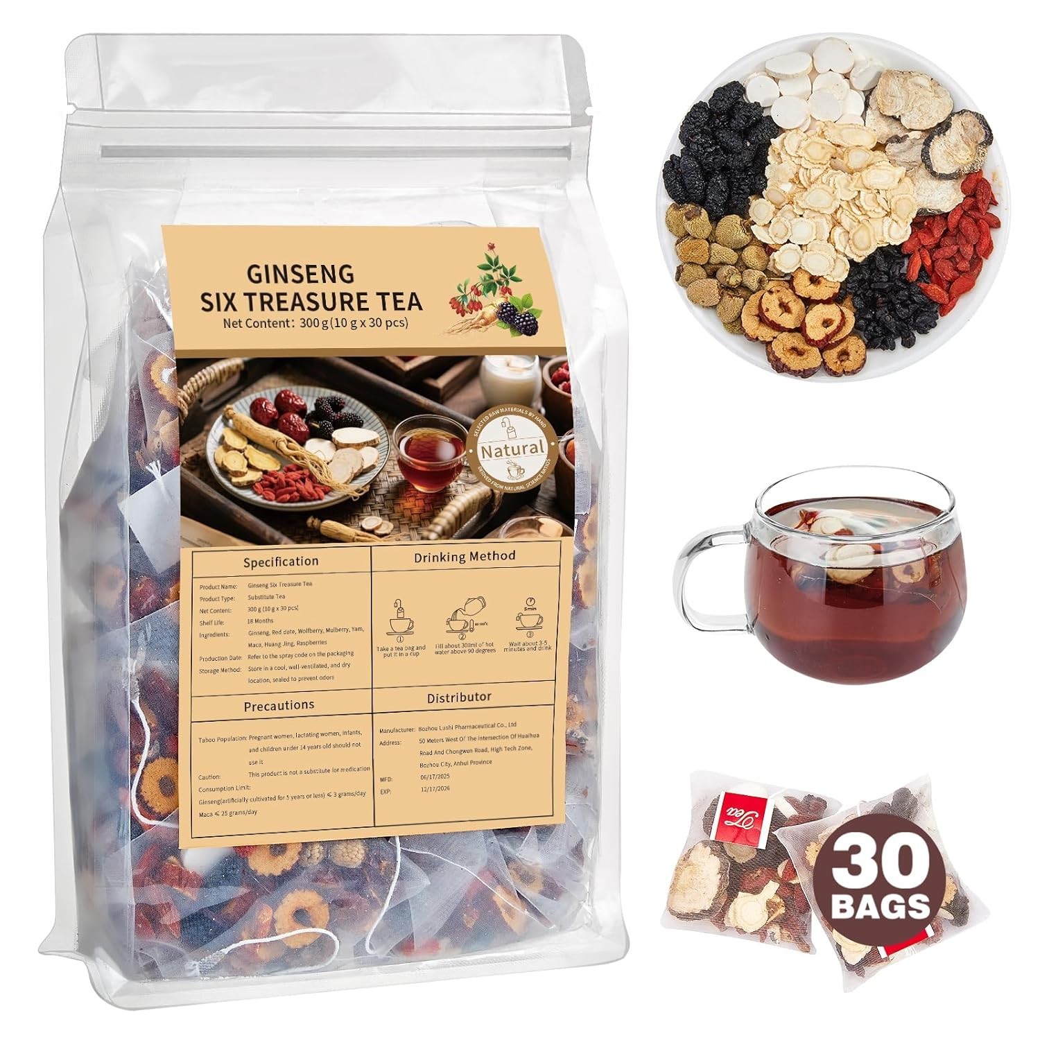 Ginseng Six Treasure Herbal Tea Bags Goji Mulberry Maca Red Date 30 Bags