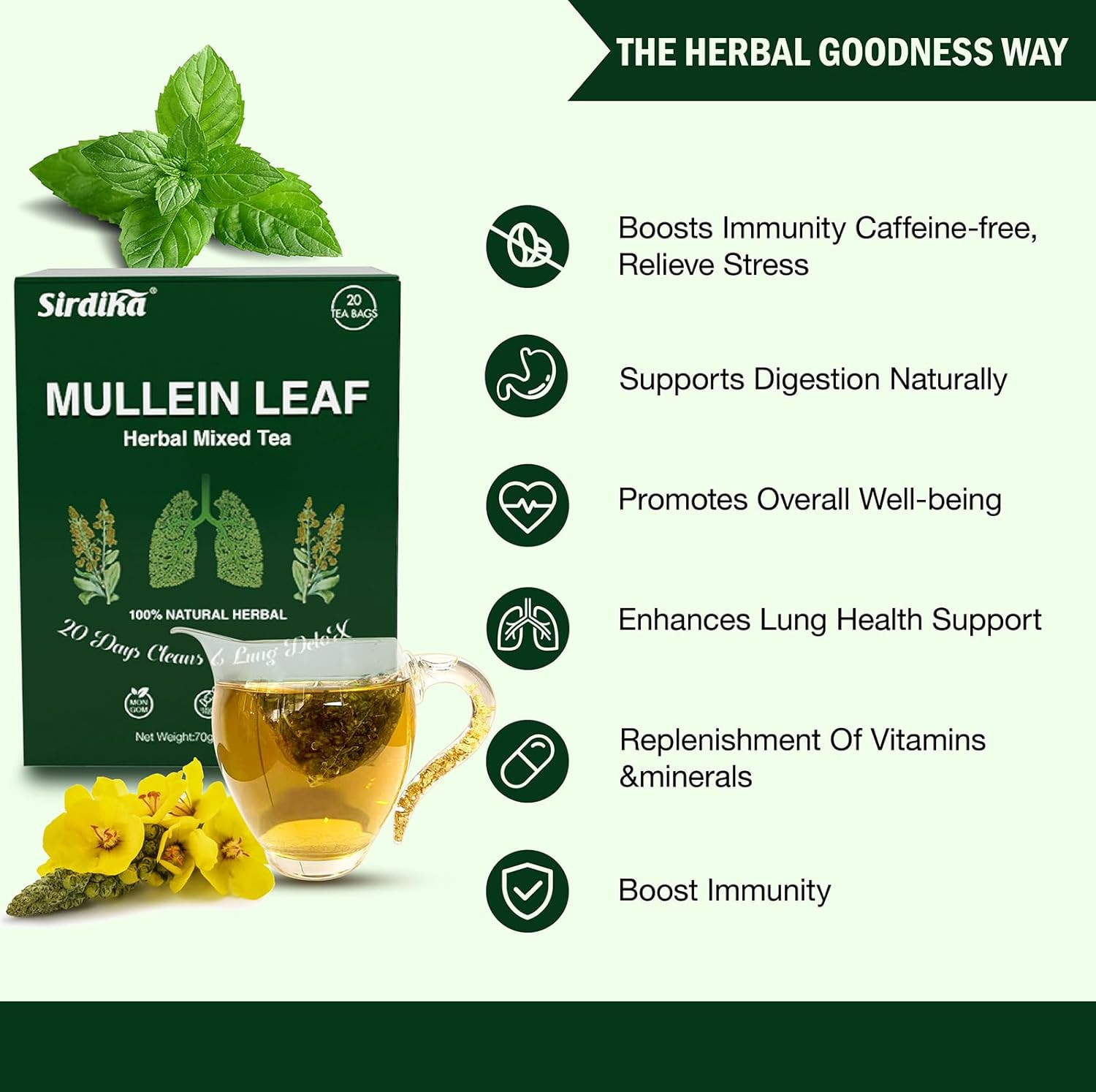Mullein Tea Bags for Lungs – 20 Teabags (2.47Oz/70G), 100% Pure Natural Premium