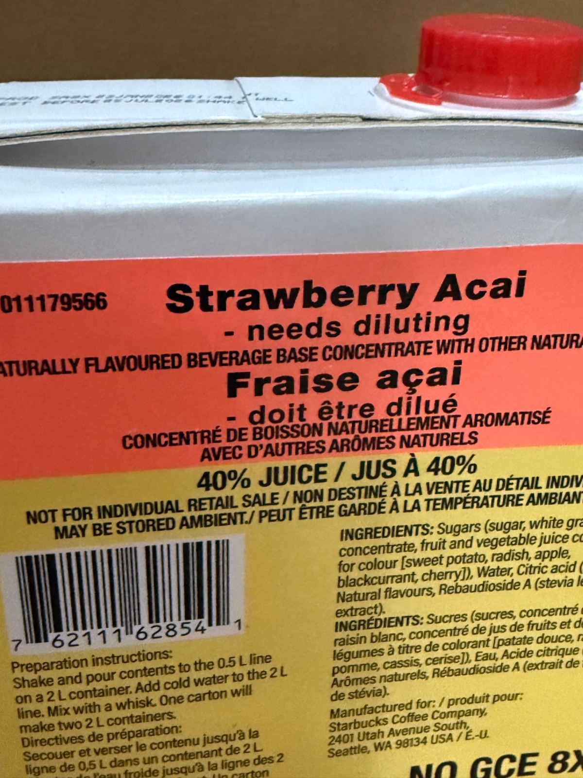 Starbucks Strawberry Acai Base Concentrate 1L Box BB 7/25/26