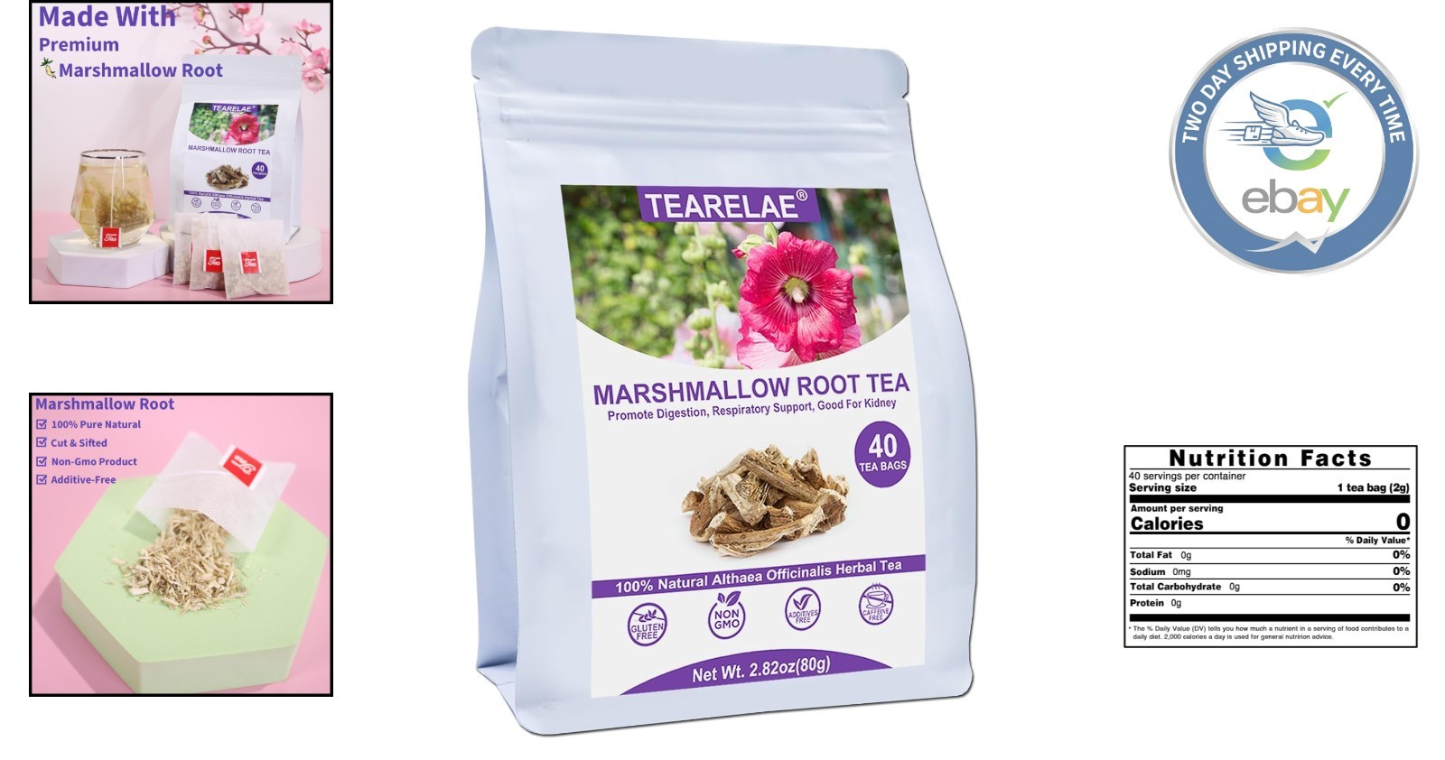 Marshmallow Root Tea Bags – 40 Count | Caffeine-Free Herbal Remedy