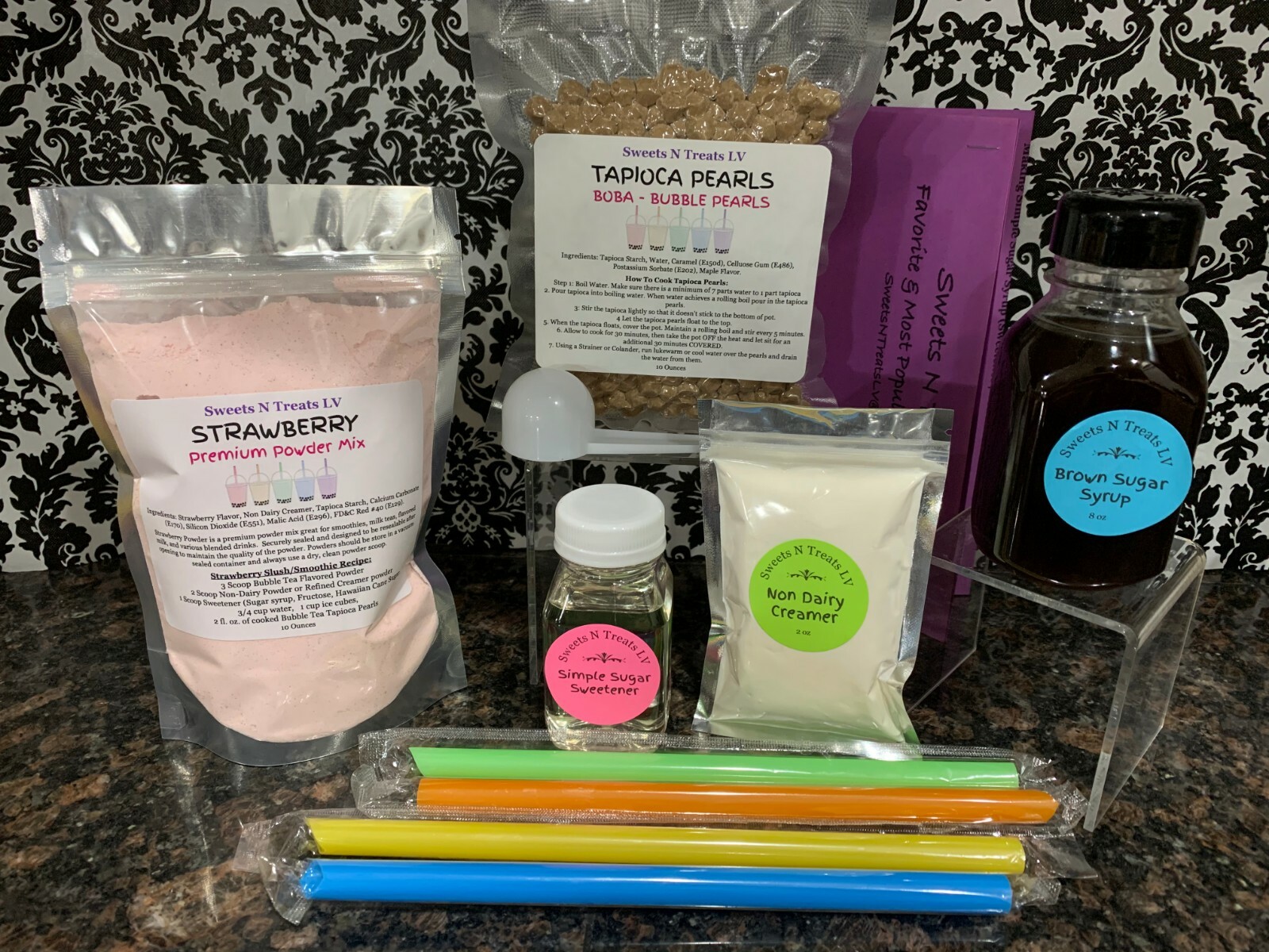 STRAWBERRY Powder Boba Bubble Tea Tapioca Pearls Brown Sugar Syrup DIY KIT New