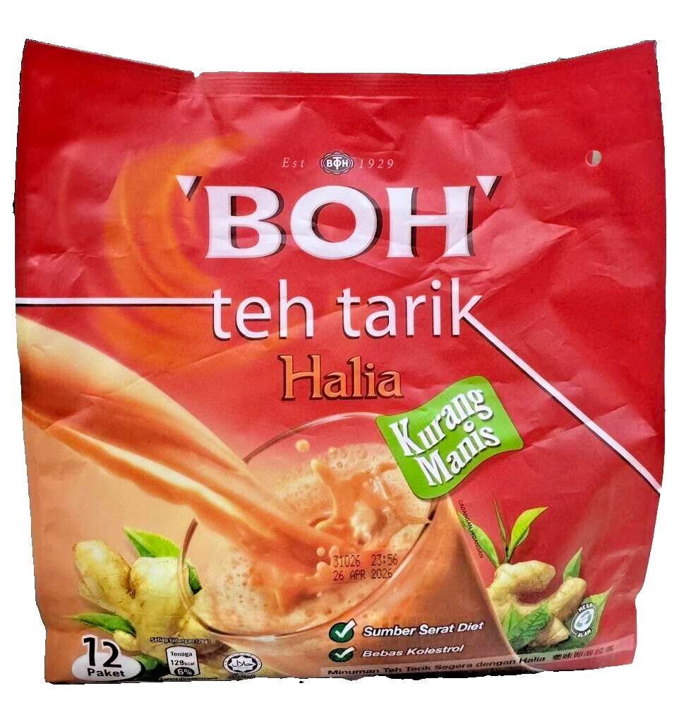 BOH Teh Tarik Ginger Tea 3 in 1 Less Sugar – 2 Packs (12 Sticks x 26g)