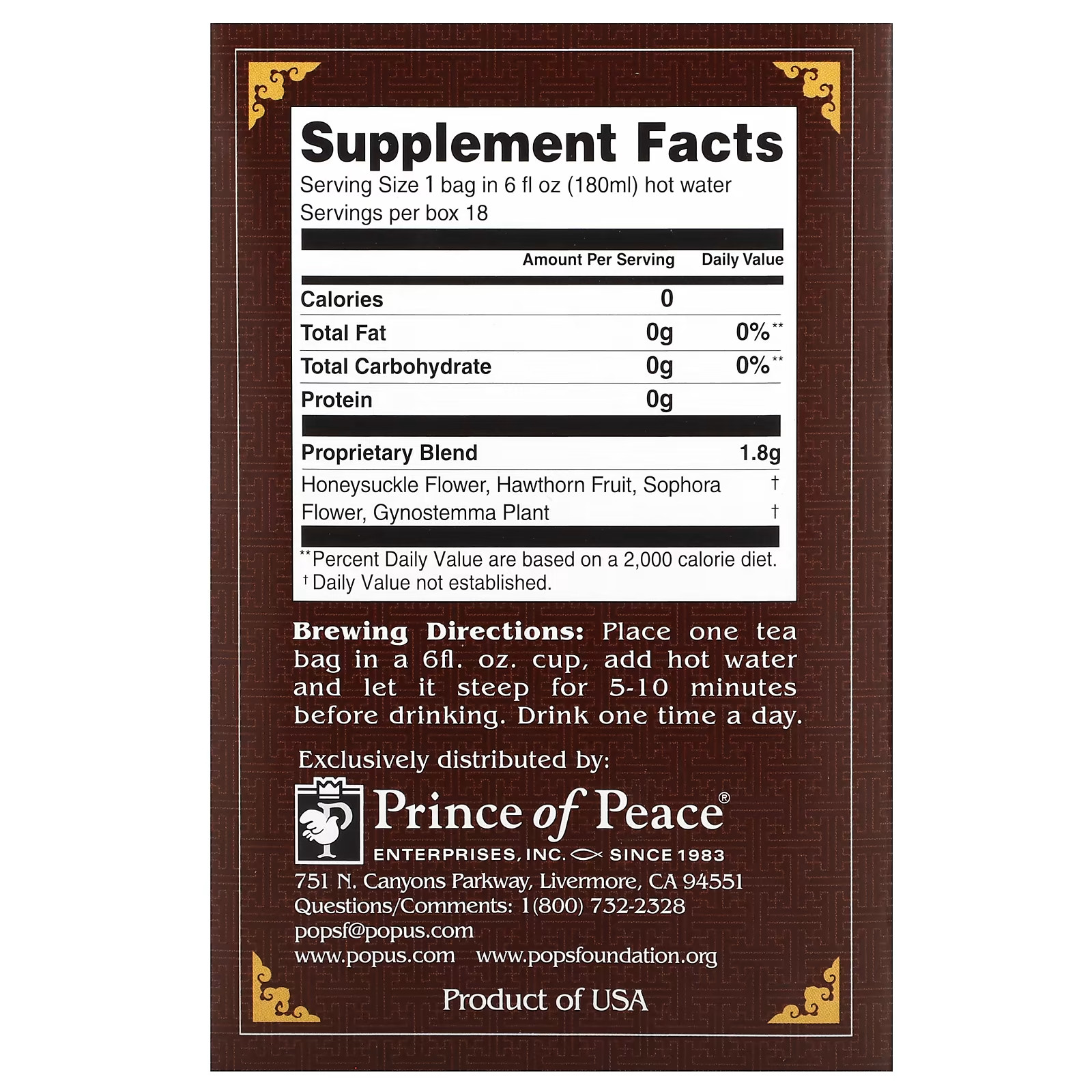 Prince of Peace Cholesterol Herbal Tea 18 Pckts Each (Pack of 3)