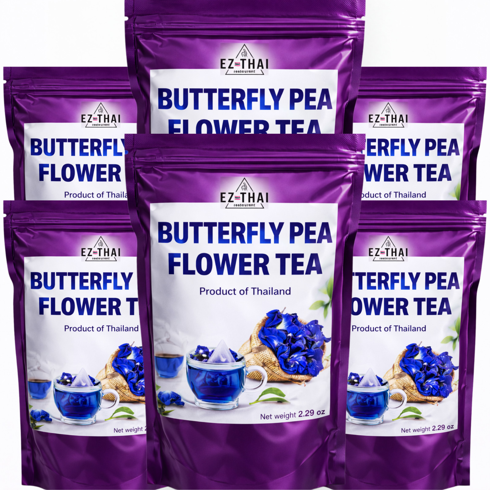 Family Share 6 Packs – Dried Butterfly Pea Flower Tea 2.28oz – Natural Thai Tea