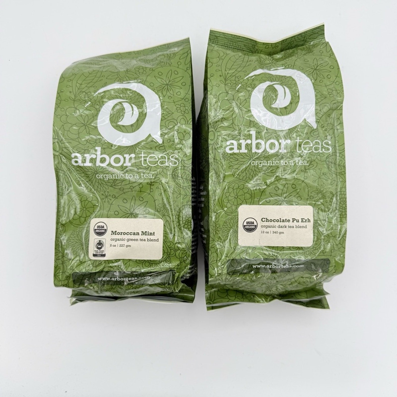 Arbor teas Organic 2 pack Chocolate dark tea 12oz & Moroccan mint green Tea 8oz
