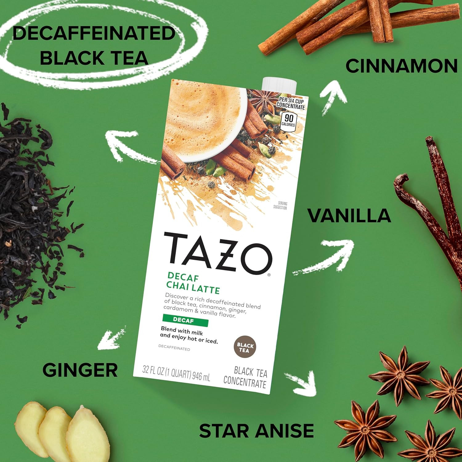 TAZO Decaf Chai Latte, Black Tea Concentrate, Easy-To-Serve Chai Tea for Everyda
