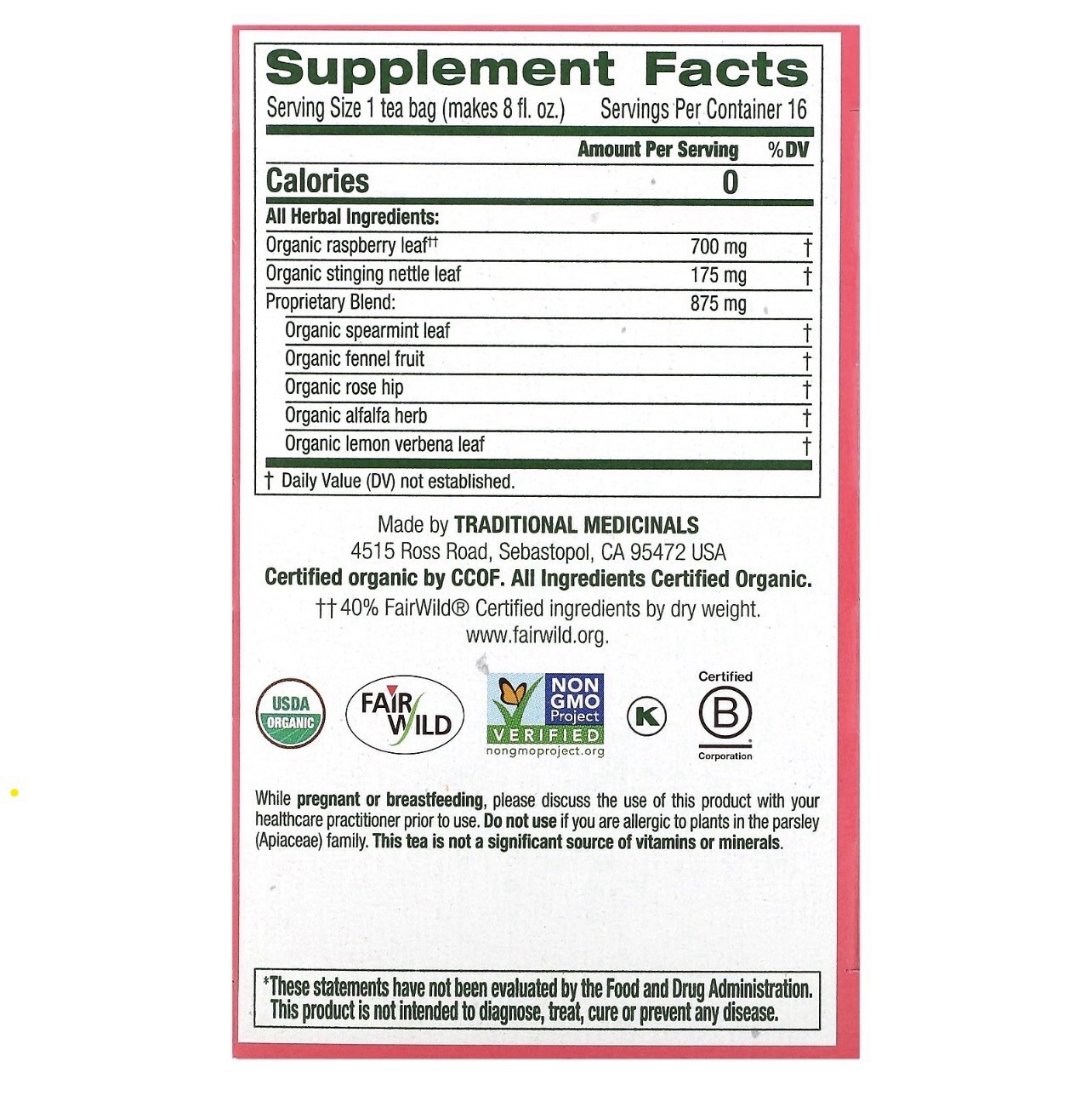 Organic Pregnancy® Tea, Raspberry Leaf, Caffeine Free, 96 Wrapped Tea Bags, 0.99