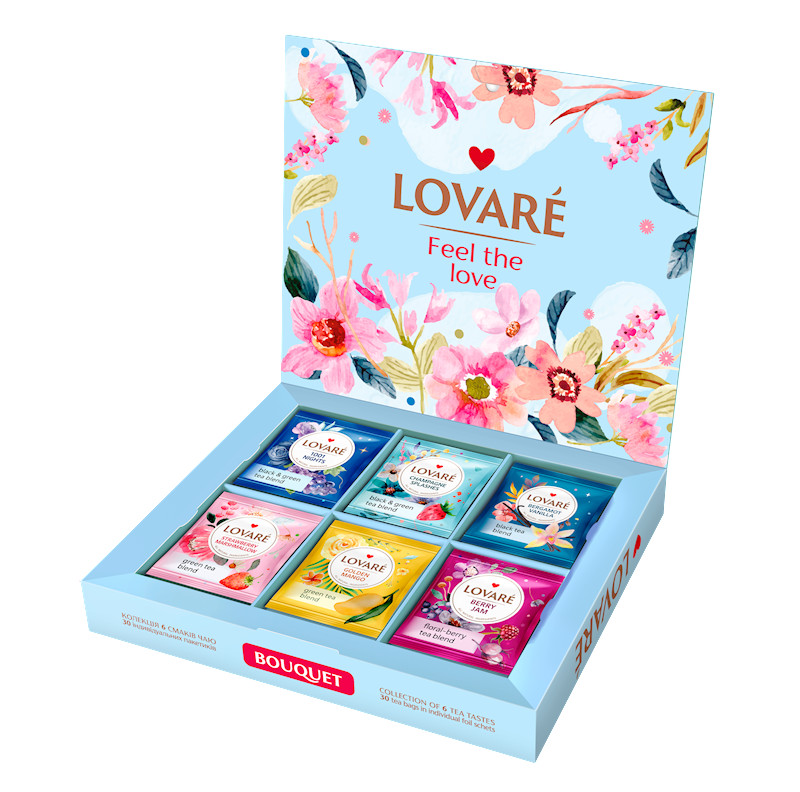 LOVARE Tea Gift Set Black & Green Tea 30 Tea Bags, 6 Flavors Tea Gift box