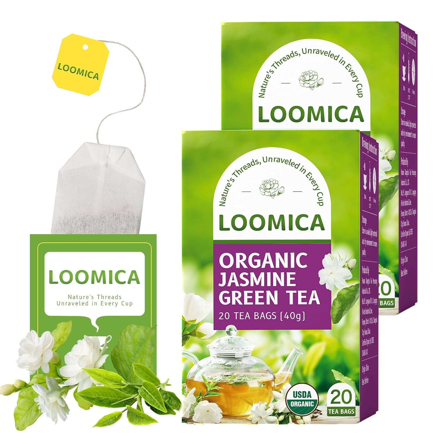 Organic Jasmine Green Tea Bags, Organic Green Tea with Jasmine Flowers, Refreshi