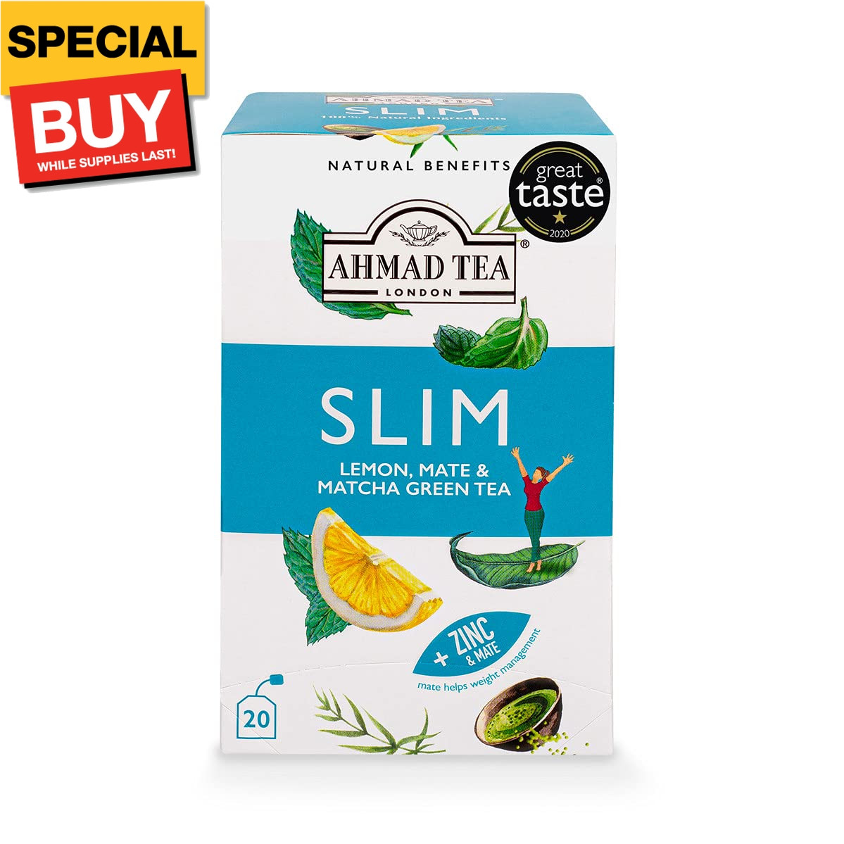 Green Tea, Lemon, Mate, & Matcha ‘Slim’ Natural Benefits Teabags, 20 ct (Pack of