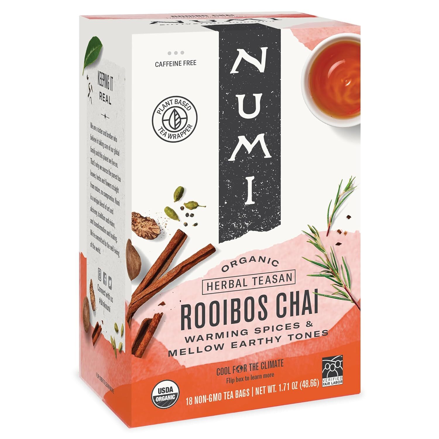 Numi Organic Rooibos Chai Tea, 18 Tea Bags, Red Tea with Cinnamon, Allspice & Gi