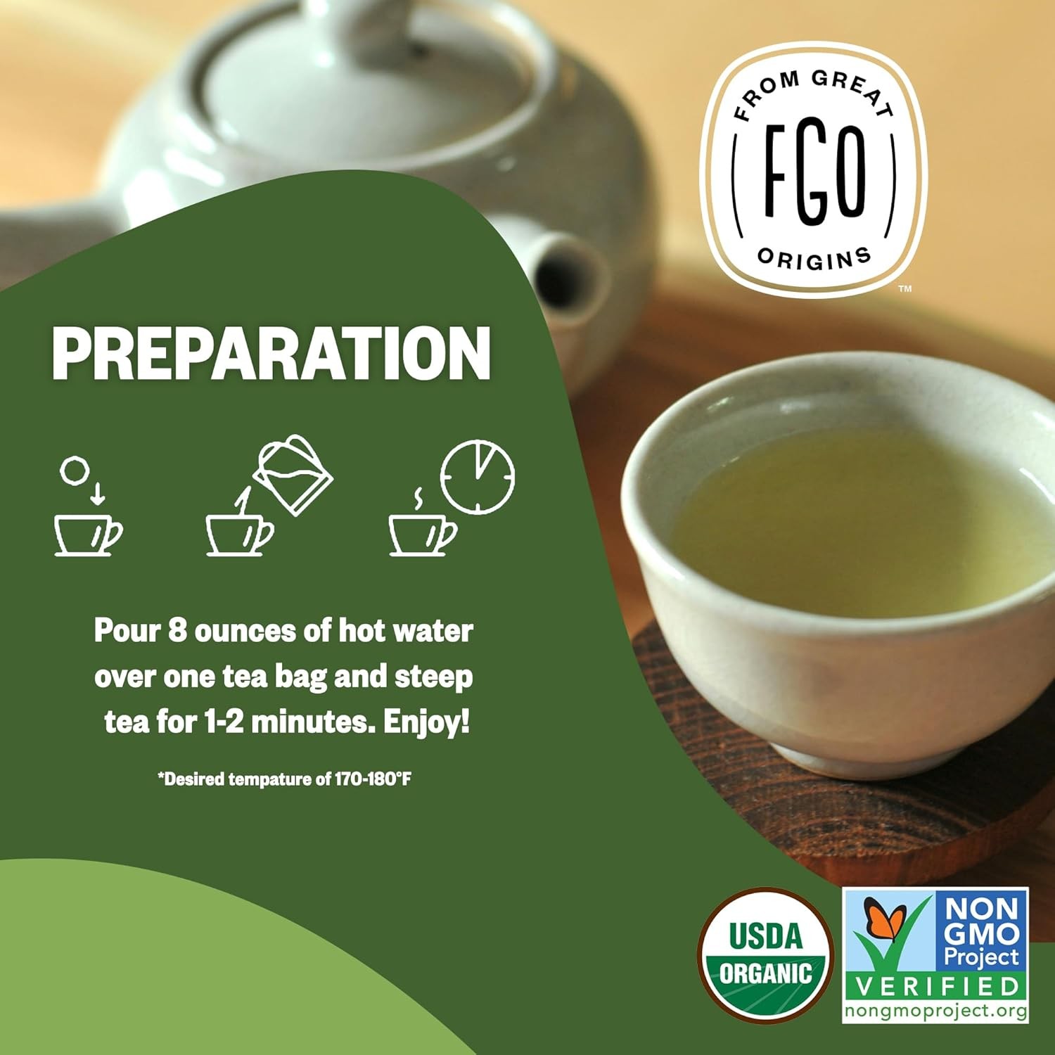 FGO Organic Japanese Matcha + Green Tea, 100 Count, Eco-Conscious Tea Bags, Rese