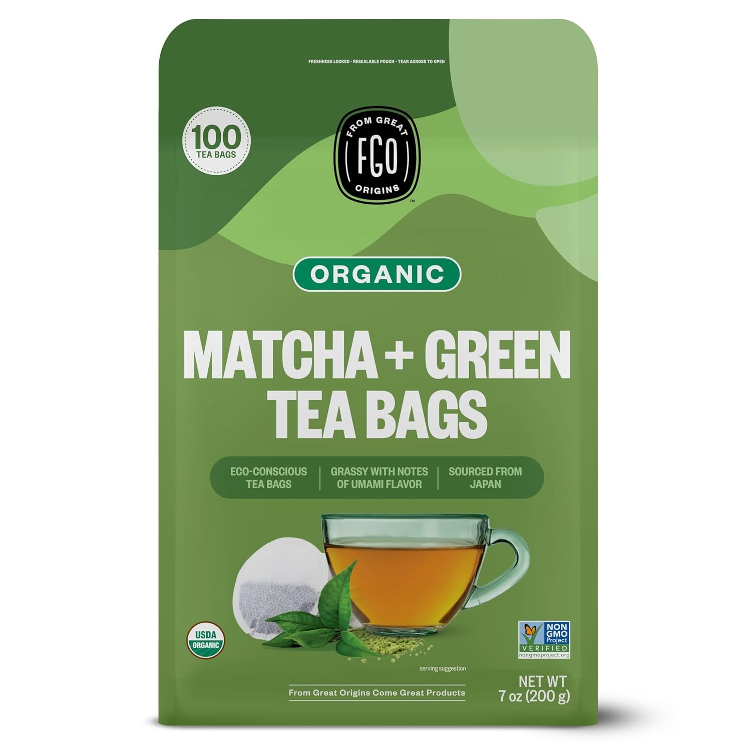 FGO Organic Japanese Matcha + Green Tea, 100 Count, Eco-Conscious Tea Bags, Rese