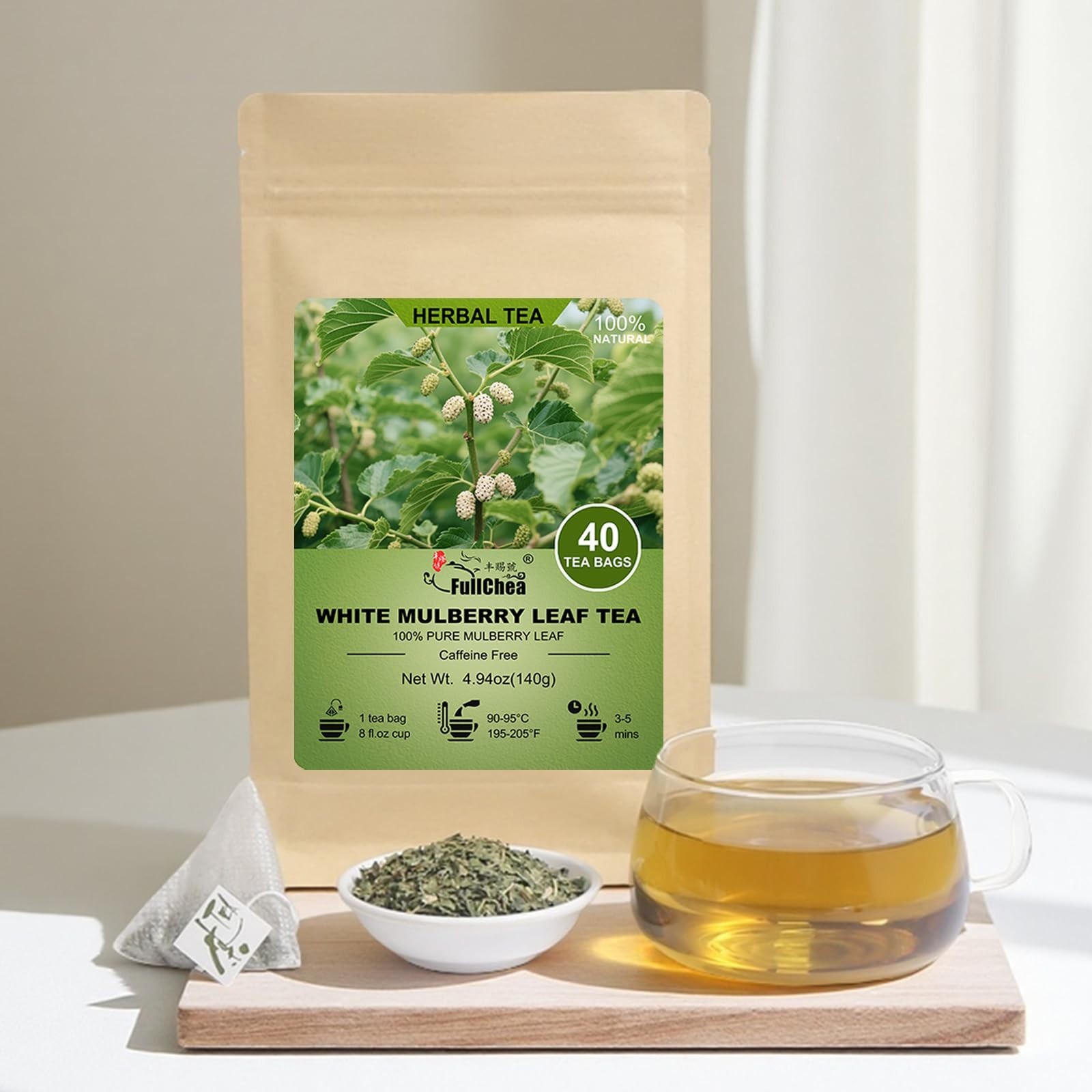 100% Pure White Mulberry Leaf Tea – 40 Teabags, Caffeine-Free, Non-GMO, Digestiv