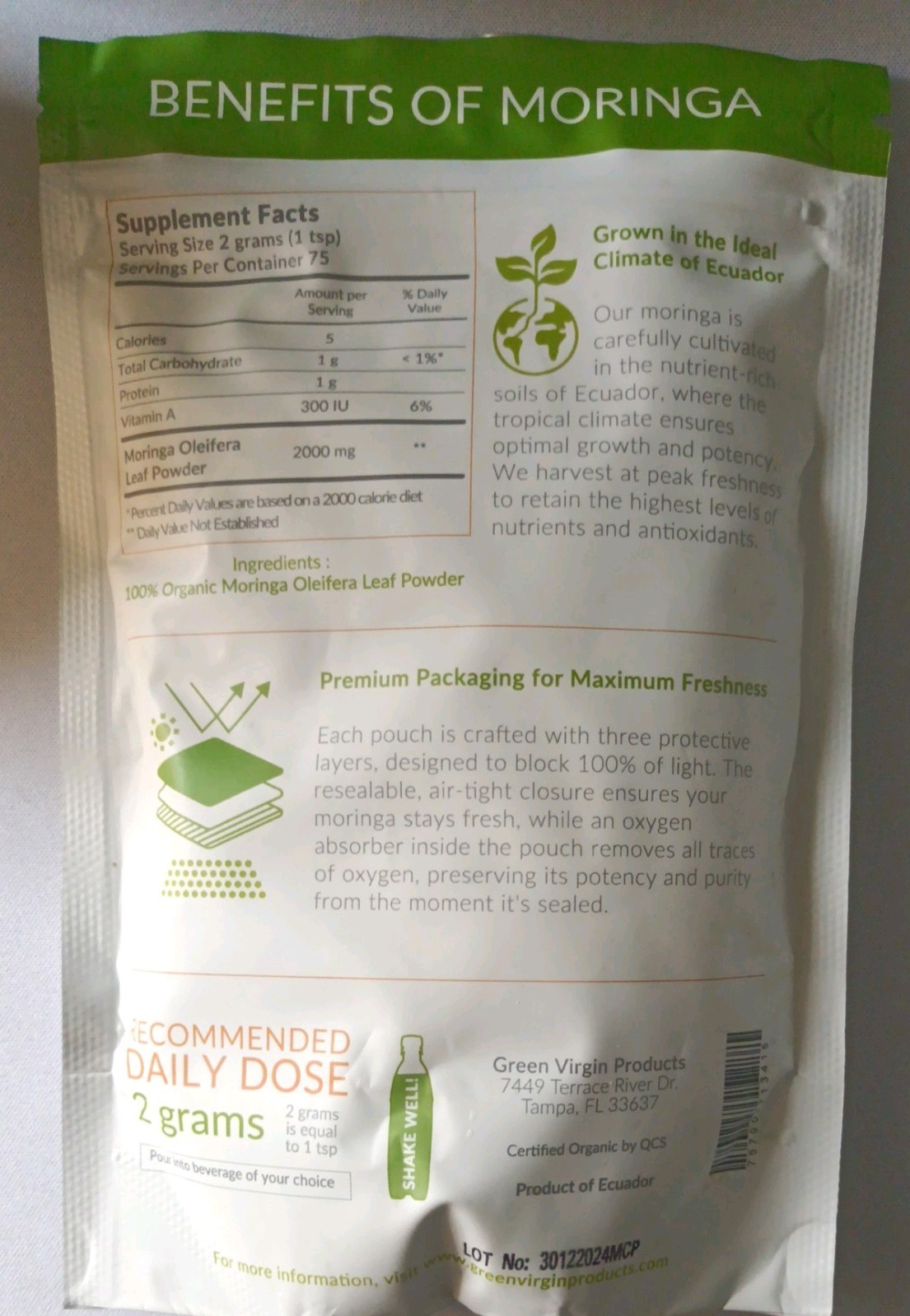 Green Virgin Products Organic Moringa Oleifera Original Leaf Powder 150 Grams