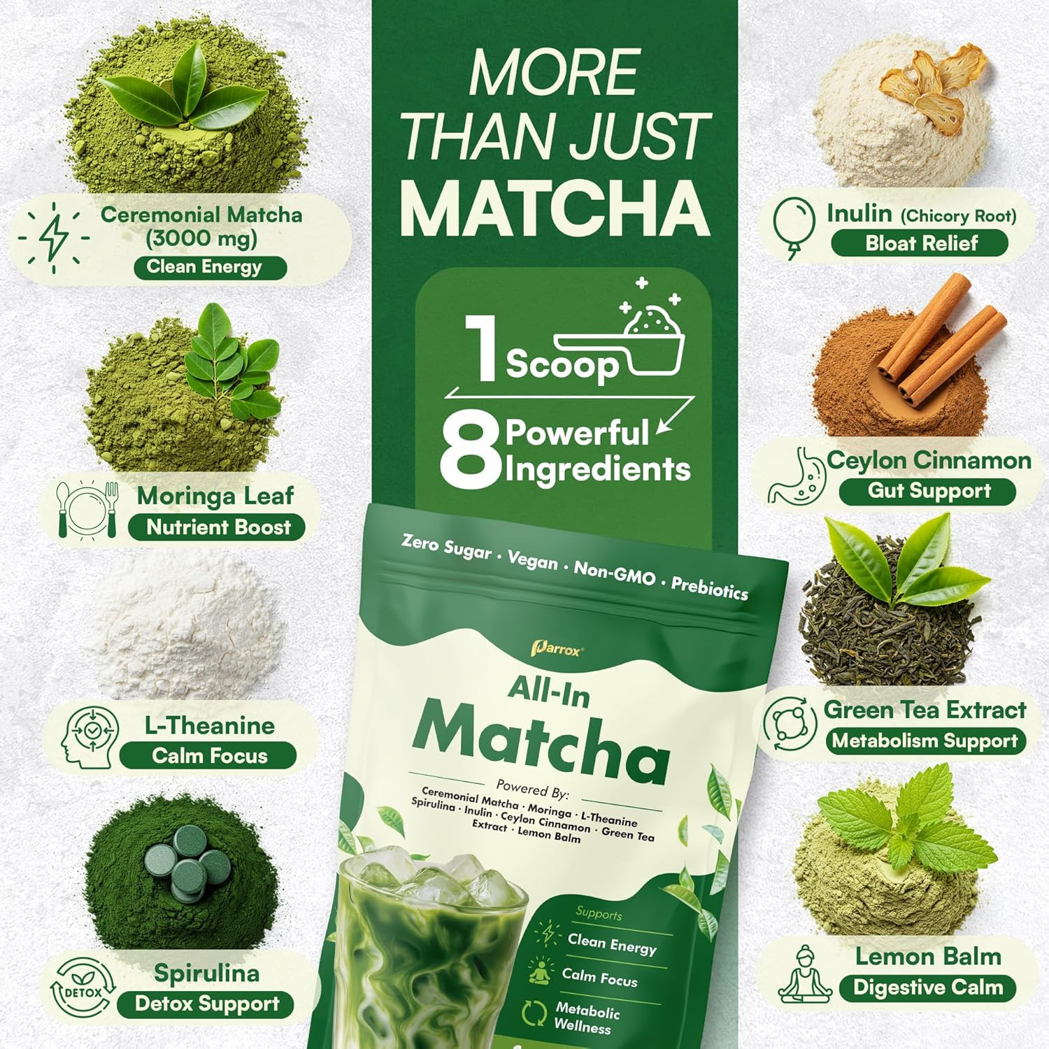 Ceremonial Grade Matcha Powder Infused with Moringa, Green Tea Extract, L-Theani