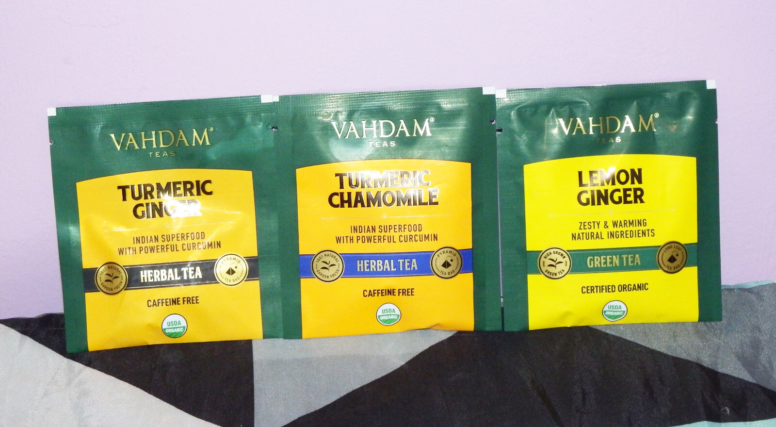 New Vahdam Tea Turmeric Ginger Chamomile Lemon Ginger 3 Tea Bag Set