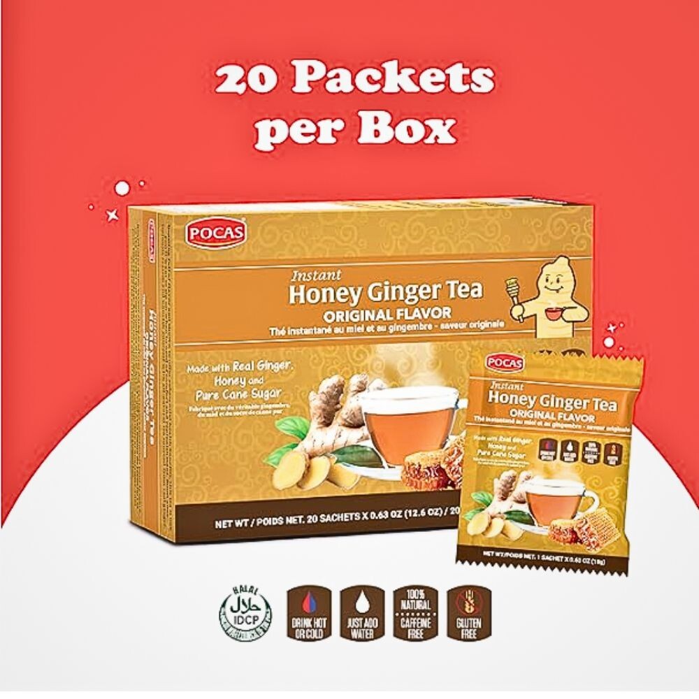Tea Ginger Honey Lemon Crystals Instant Bag Packets Non GMO Gluten Caffeine Free
