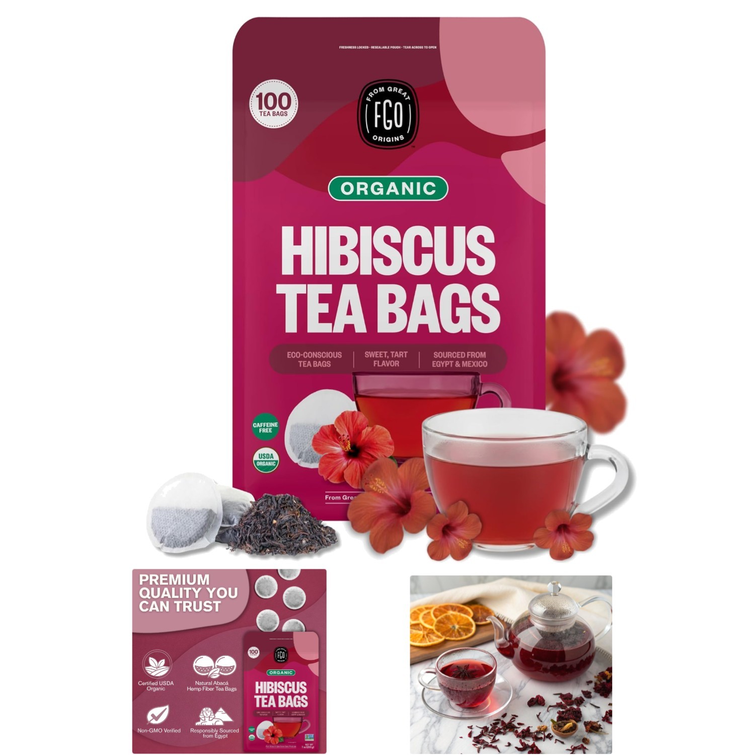 USDA Organic 100 Count Hibiscus Tea Bags – Sweet & Tart Flavor, Zero Caffeine