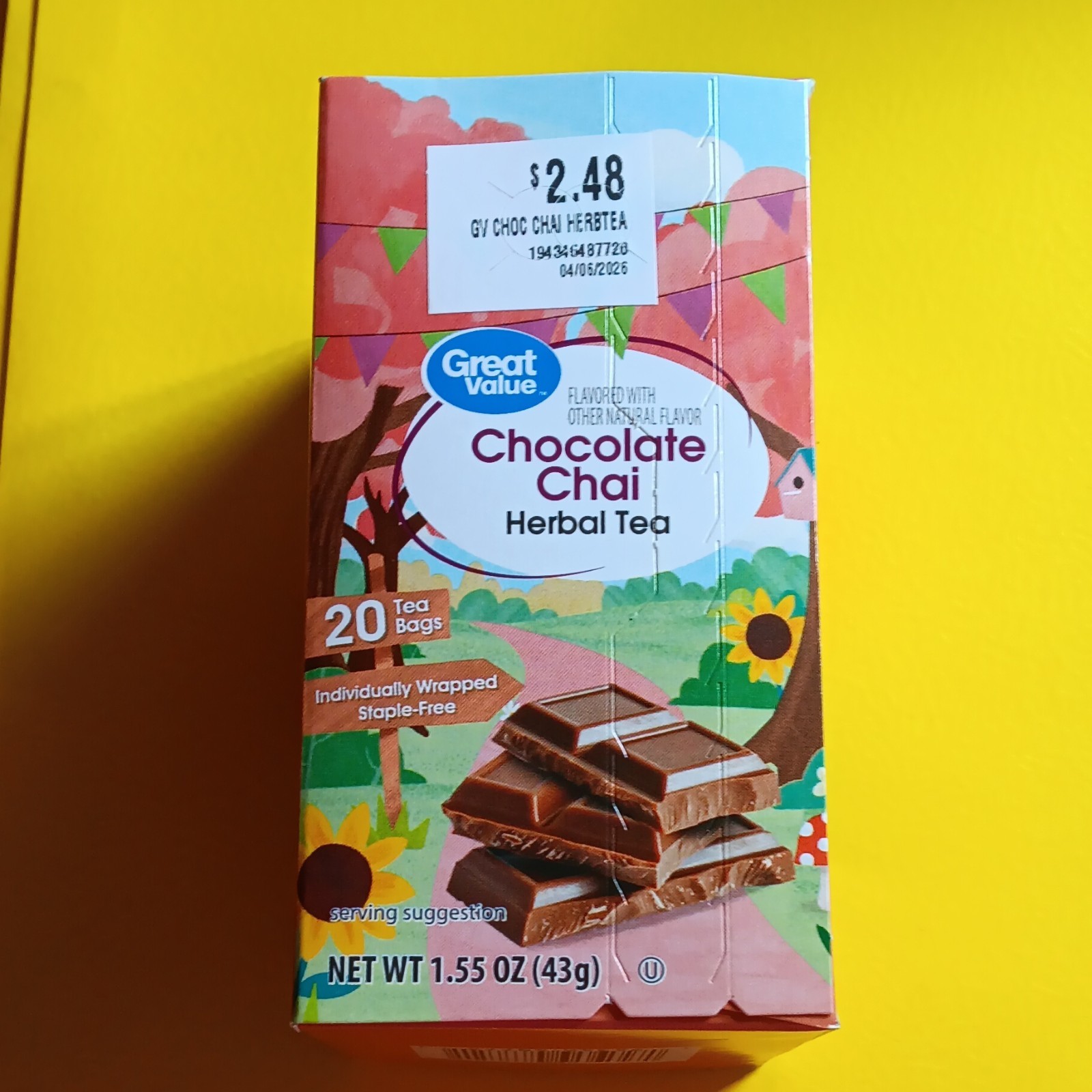Great Value Chocolate Chai Herbal Tea Bags 20ct 1.55oz Exp 10/29/2027
