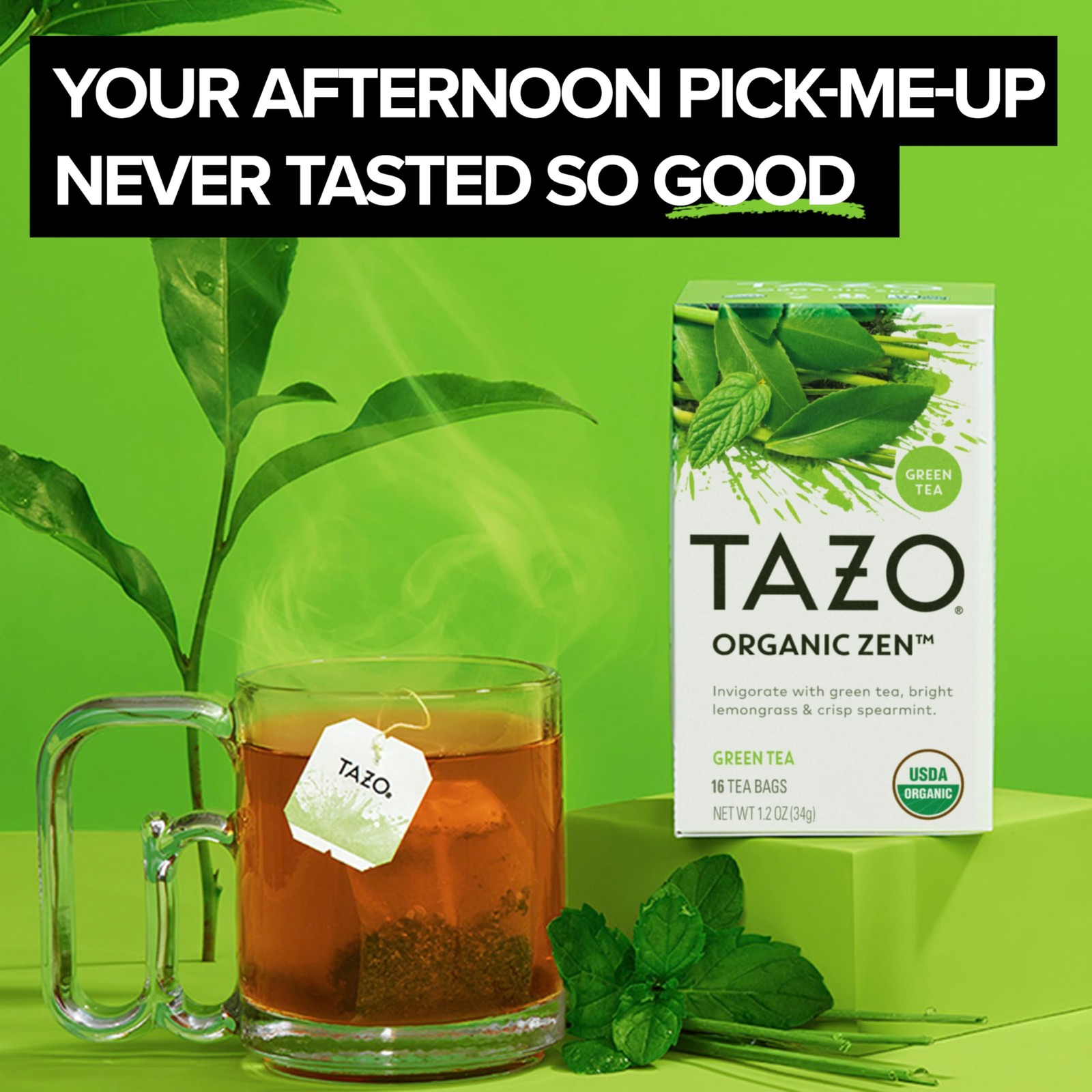 TAZO Organic Zen Green Tea Caffeinated w/ Refreshing Lemongrass & Spearmint 16ct