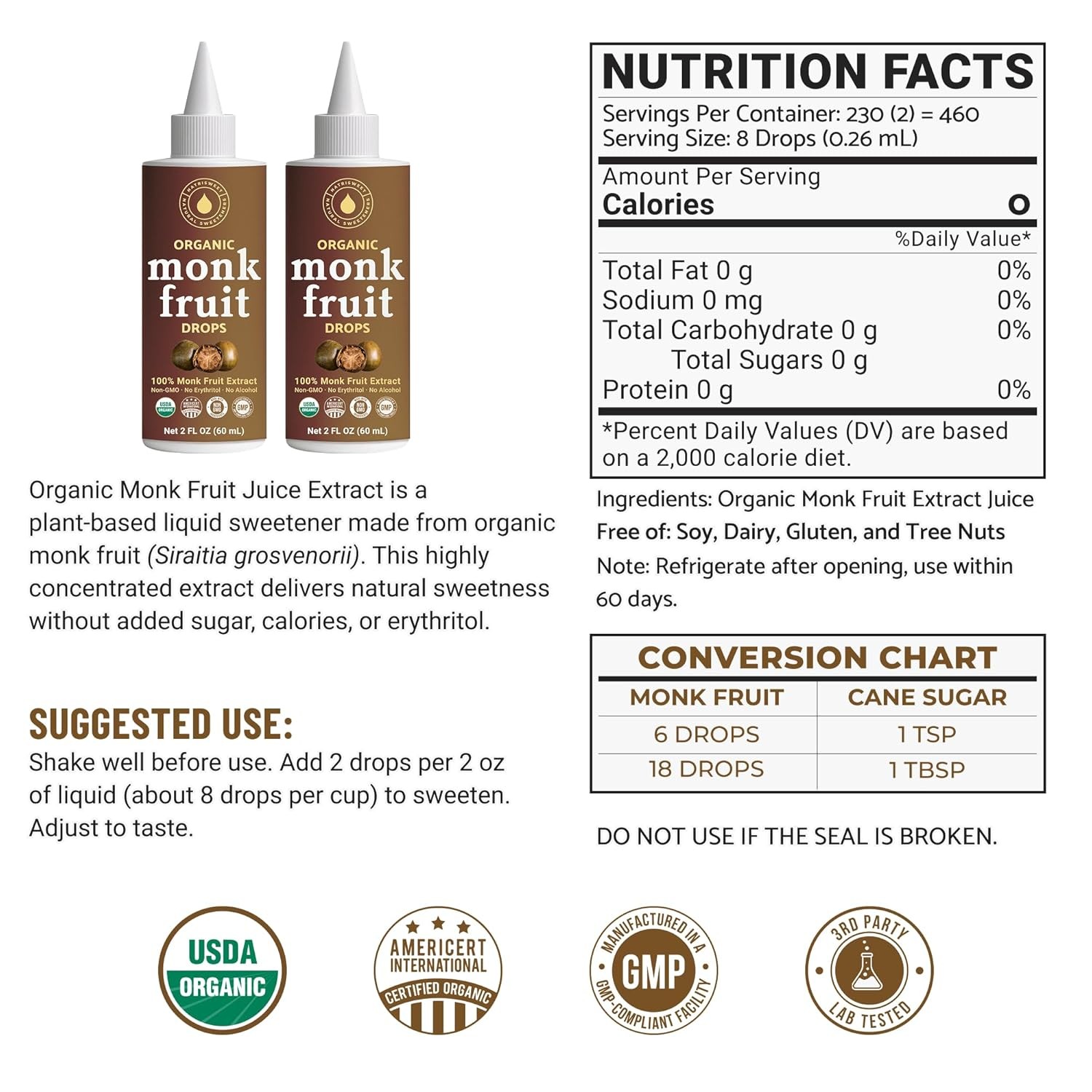 Organic Monk Fruit Liquid Drops Zero Sugar Pure Extract 2 fl oz 2-Pack