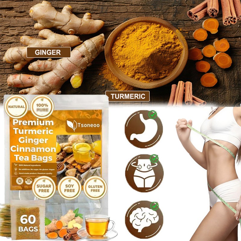 Turmeric, Ginger, Cinnamon Tea Bags, 100% Natural & No Additives & Caffeine Free