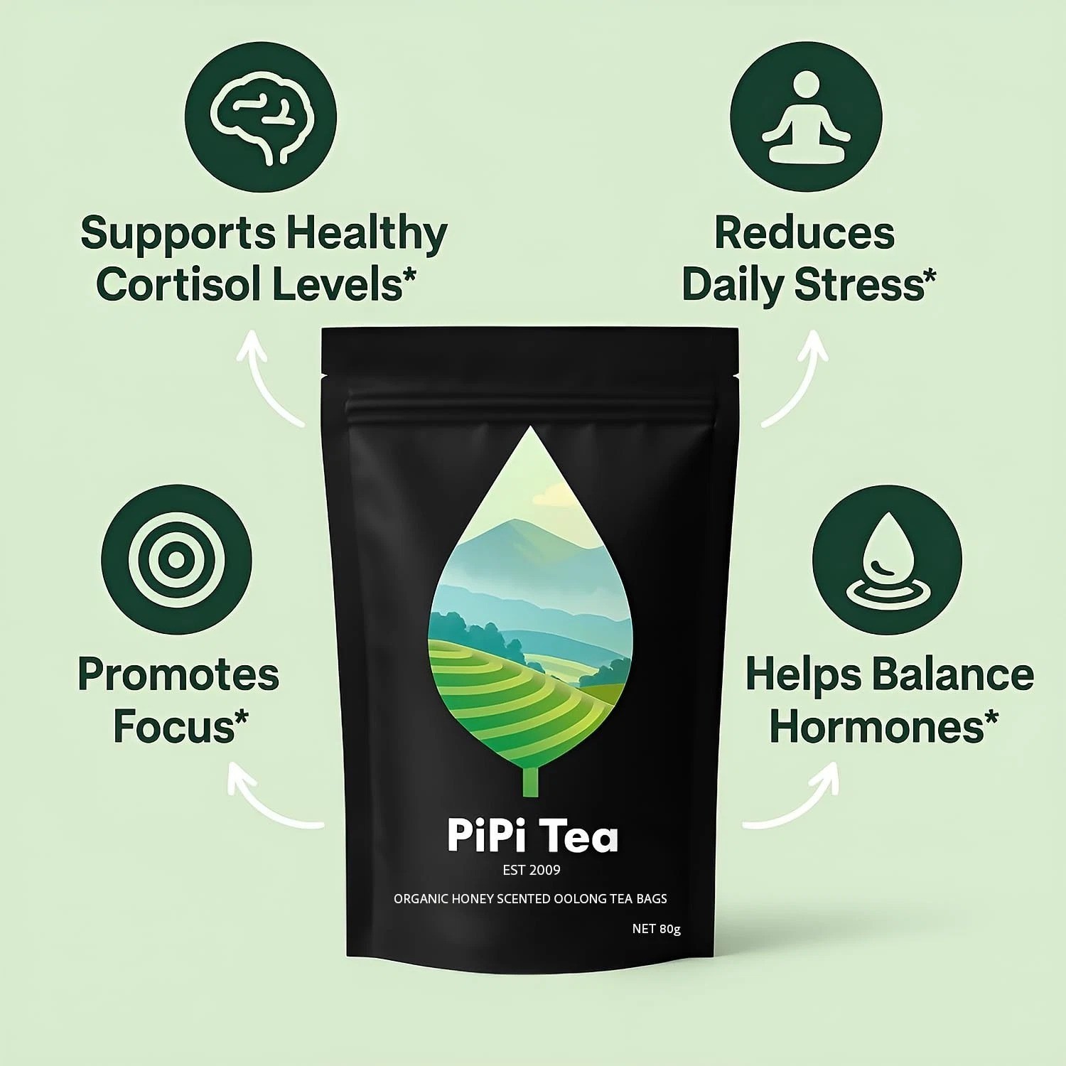 PiPi Tea Organic Oolong Tea Bags – Whole Leaf, 20 Bags (4g Each) – Cortisol & Ca