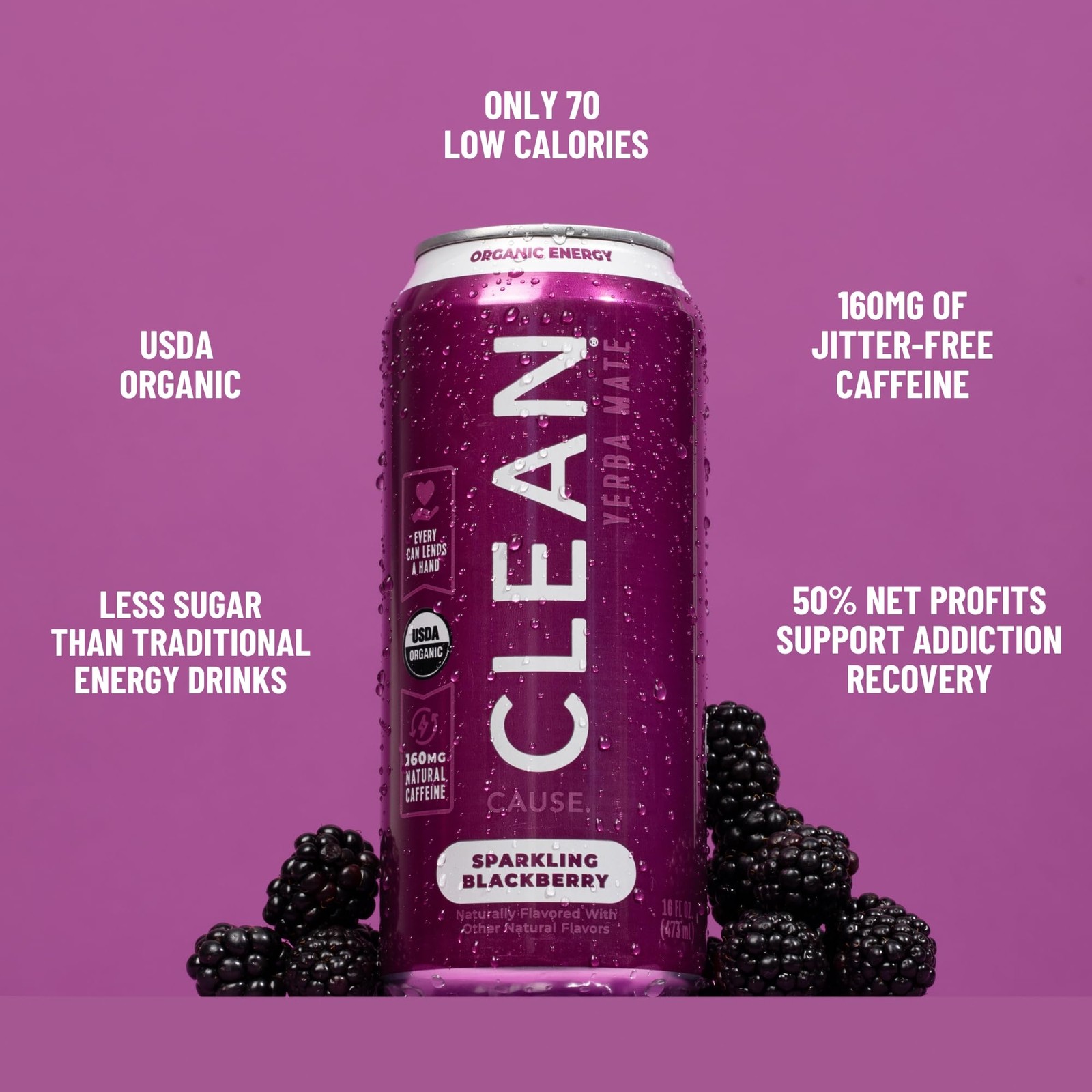 CLEAN Cause Low Calorie Blackberry Yerba Mate Tea Sparkling, USDA Organic Ene…