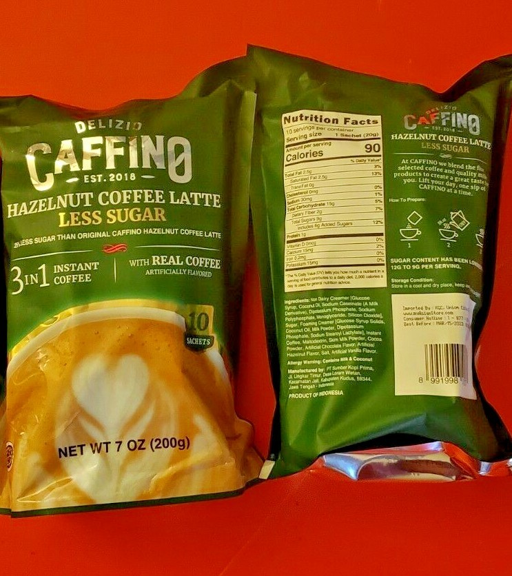 2 PACK DELIZIO CAFFINO HAZELNUT COFFEE LATTE 3 IN 1 INSTANT COFFEE WITH MILK