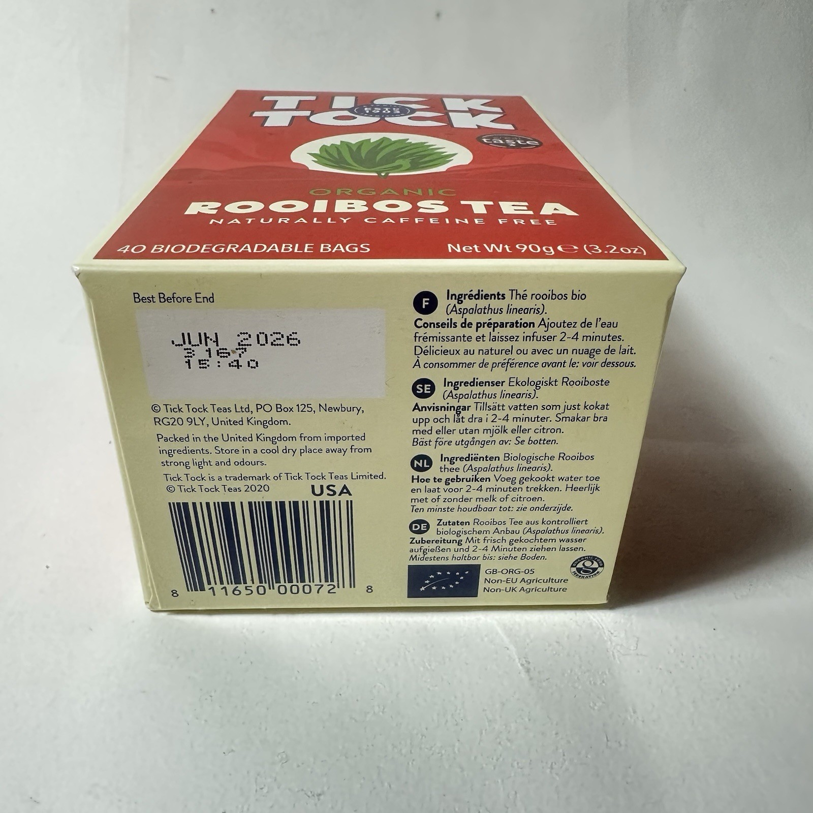 Tick Tock Rooibos Tea Organic Caffeine Free Box 40 Biodegradable Bags 90g 3.2oz