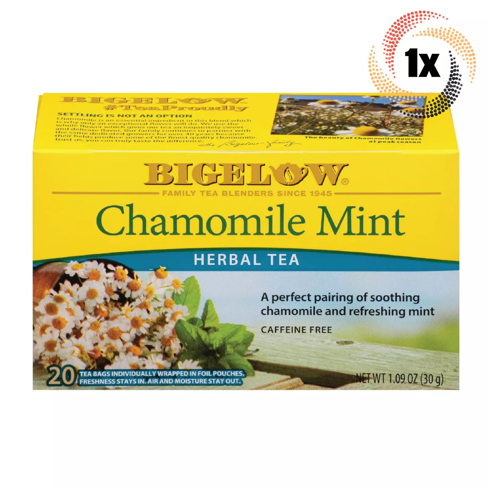 1x Box Bigelow Chamomile Mint Herbal Tea | 20 Pouches Per Box | 1.09oz
