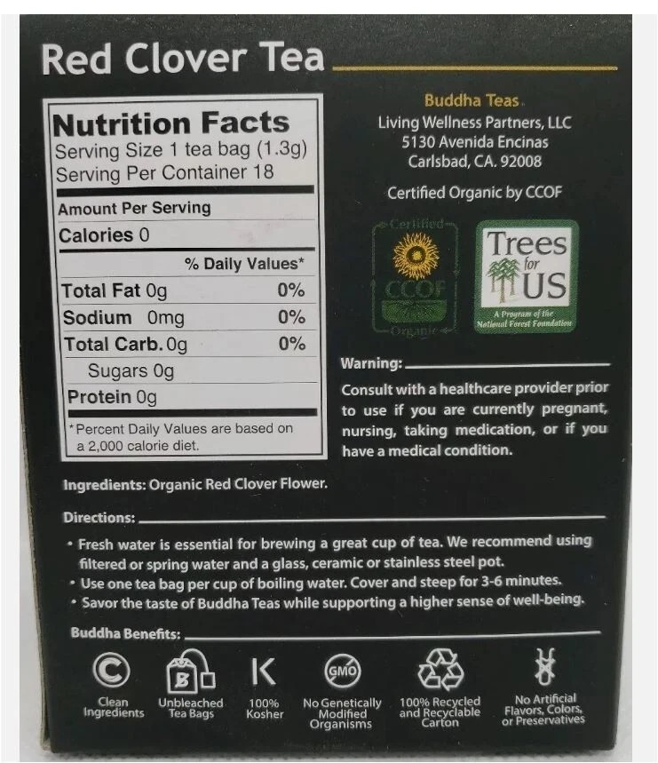 Buddha Teas Certified Organic Red Clover Tea 18 Tea Bags 5/2028