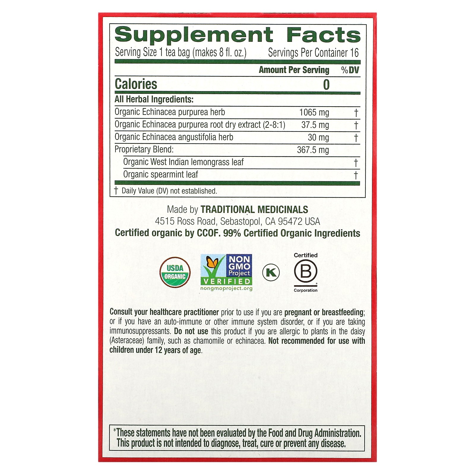 Organic Echinacea Plus, Original with Spearmint, Caffeine Free, 16 Wrapped Tea