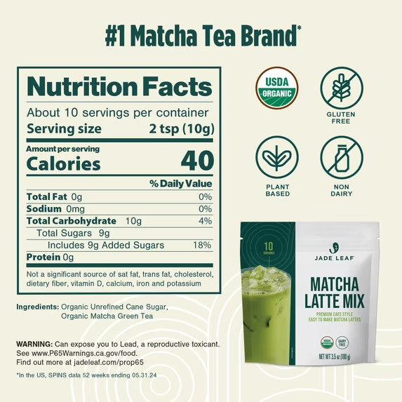 Jade Leaf Matcha, Organic Japanese Matcha Latte Mix, Powdered Tea, 3.5 Oz