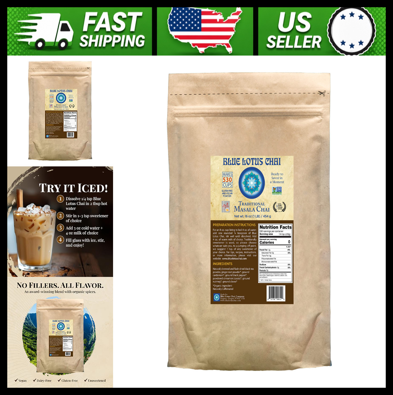 Blue Lotus Chai Traditional Masala Chai Powder 1 lb Bulk Bag Instant Tea