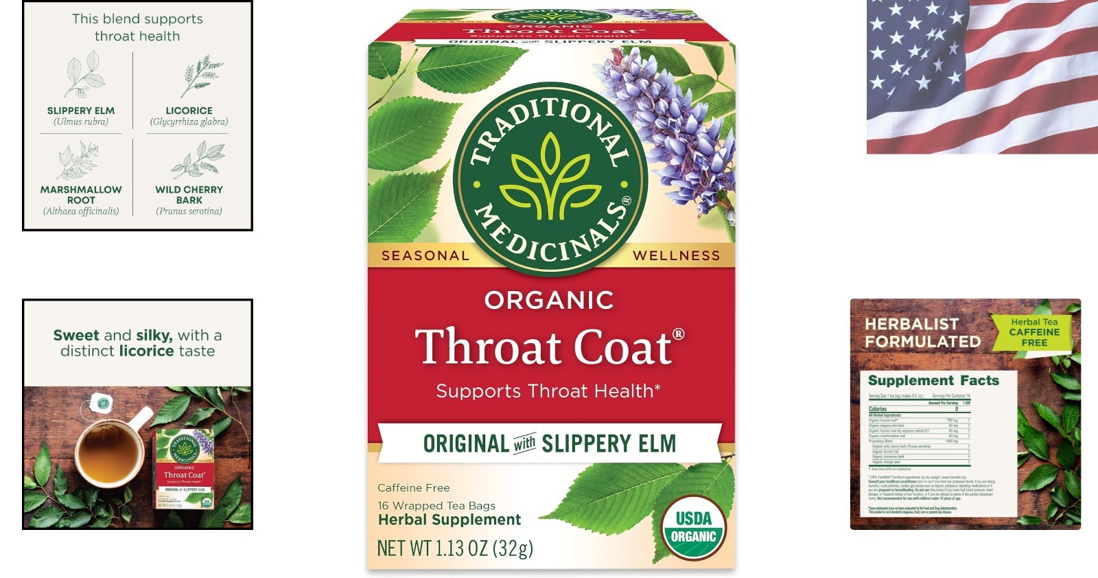 Caffeine-Free Organic Throat Coat Tea – Slippery Elm & Licorice, 16 Teabags