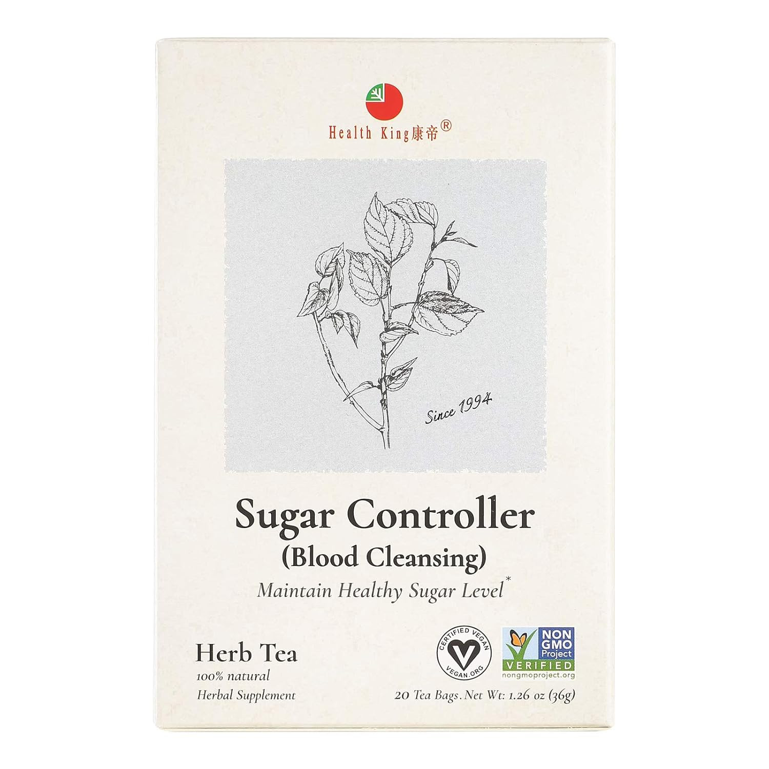 Health King Sugar Controller Herb Tea, Teabags, 20-Count Box (Pack of 4)