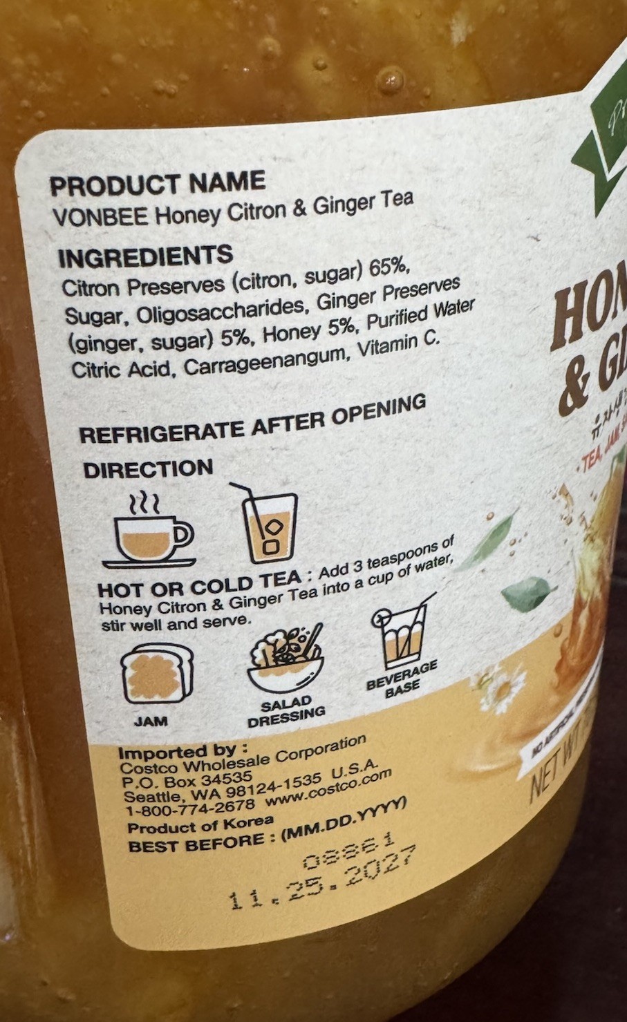 VONBEE HONEY CITRON & GINGER TEA 4.4 Lb