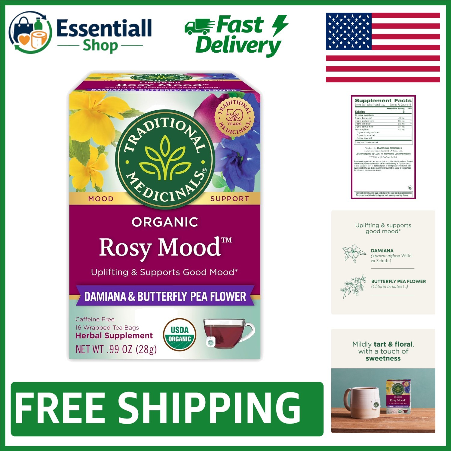 Delightful Herbal Tea – Organic Rosy Mood with Damiana & Butterfly Pea – 16 Bags