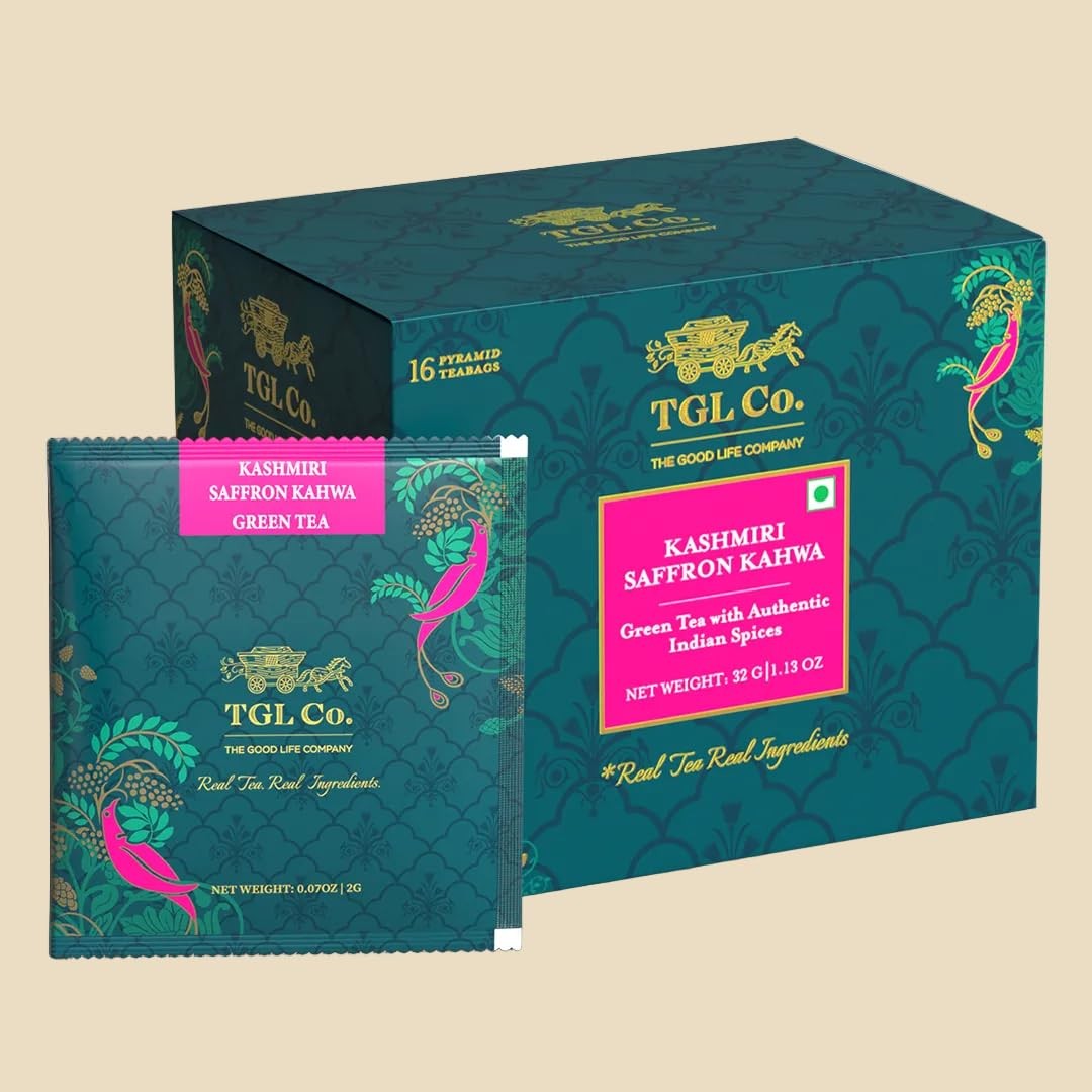 TGL Co.Kashmiri Saffron Kahwa Green Tea 16 Bags|Exotic Herbal Saffron Chai Blend