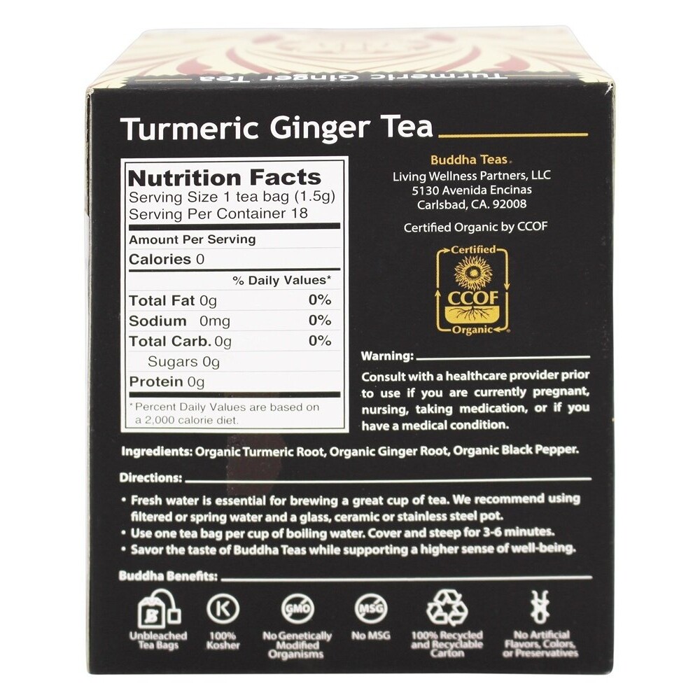 Buddha Teas 100% Organic Herbal Turmeric Ginger Tea, 18 Tea Bags