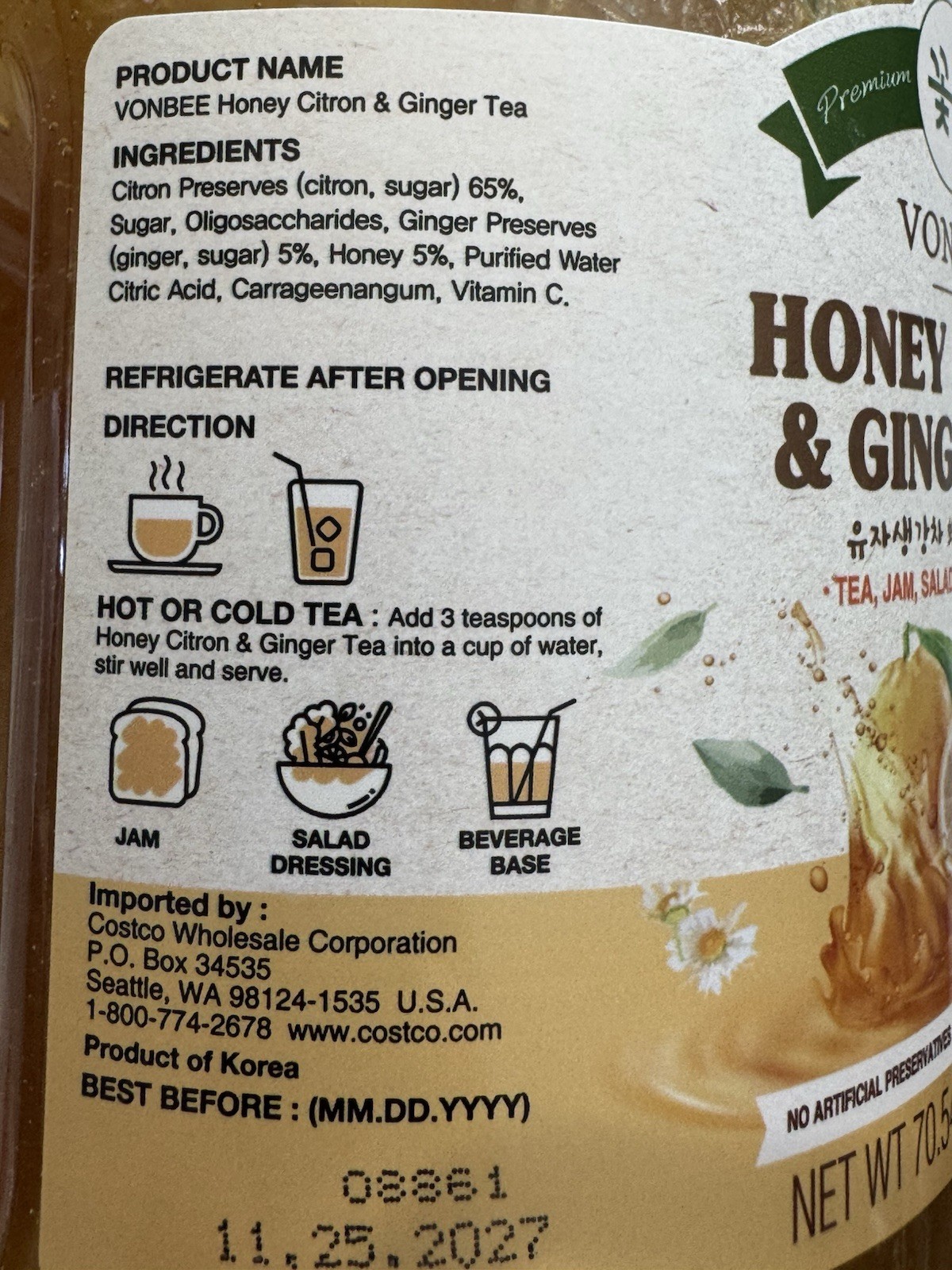 VONBEE HONEY CITRON & GINGER TEA 4.4 Lb