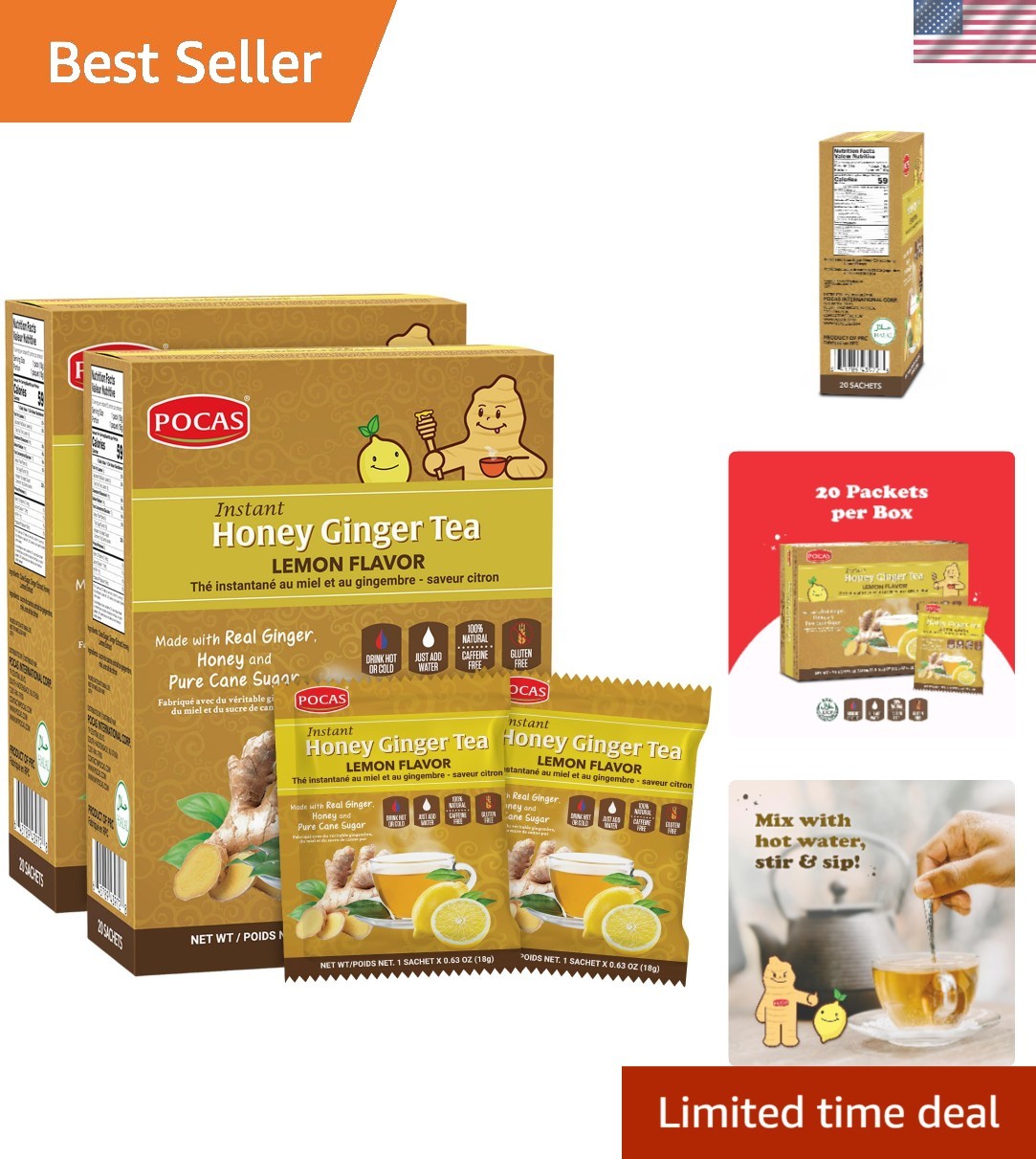 Natural Honey Ginger Tea with Lemon Instant Crystals – 40 Count for Digestion