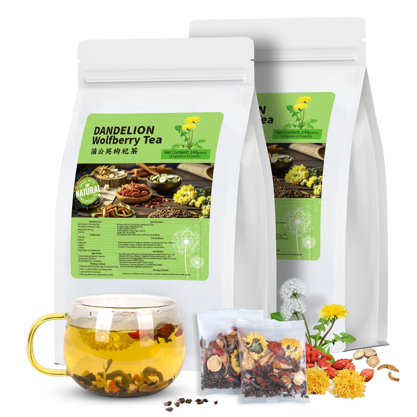 Wolfberry Dandelion Tea Bags – 7 Herb Blend for Kidney & Liver Health (2 Pack)