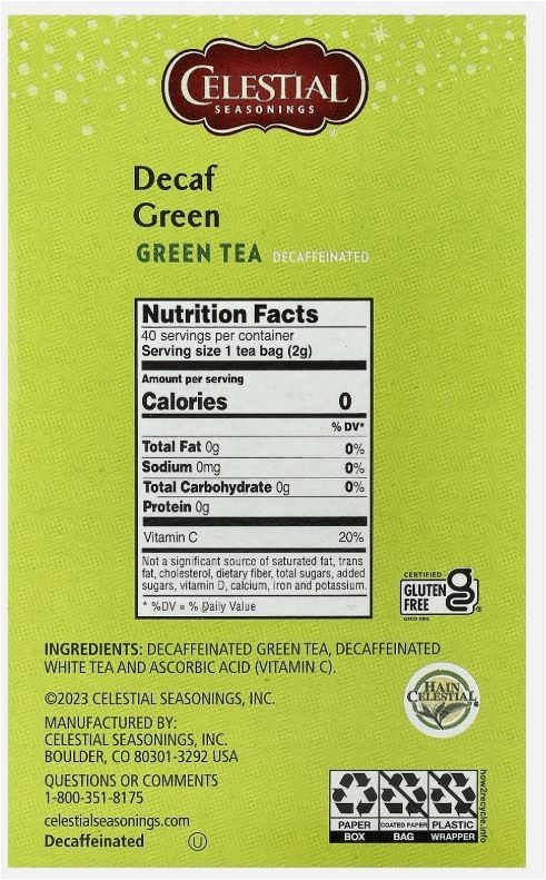 2 PACK Green Tea, Decaf, 40 Tea Bags each, 2.6 oz (74 g) Best by 6/2026