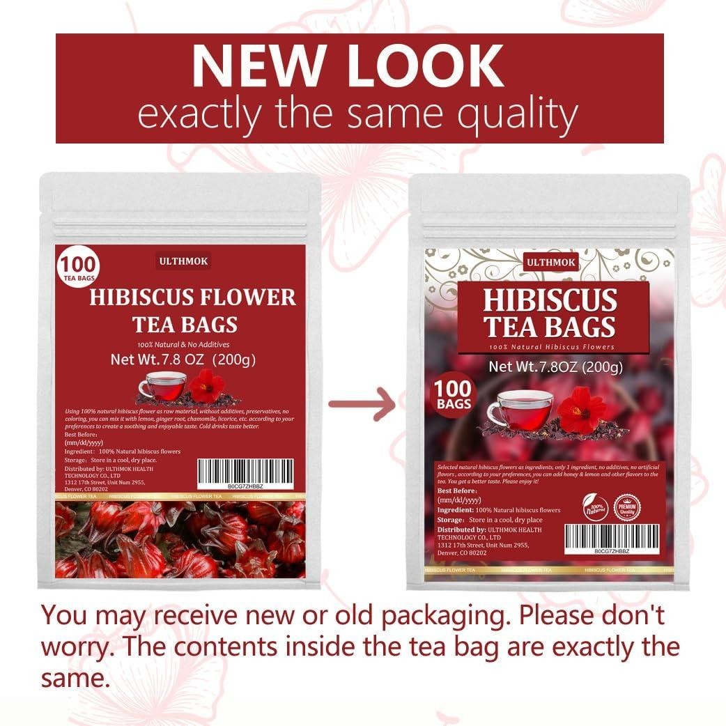 Premium Hibiscus Tea Bags 100 Ct – Pure Dried Flower Caffeine Free Natural Tea..