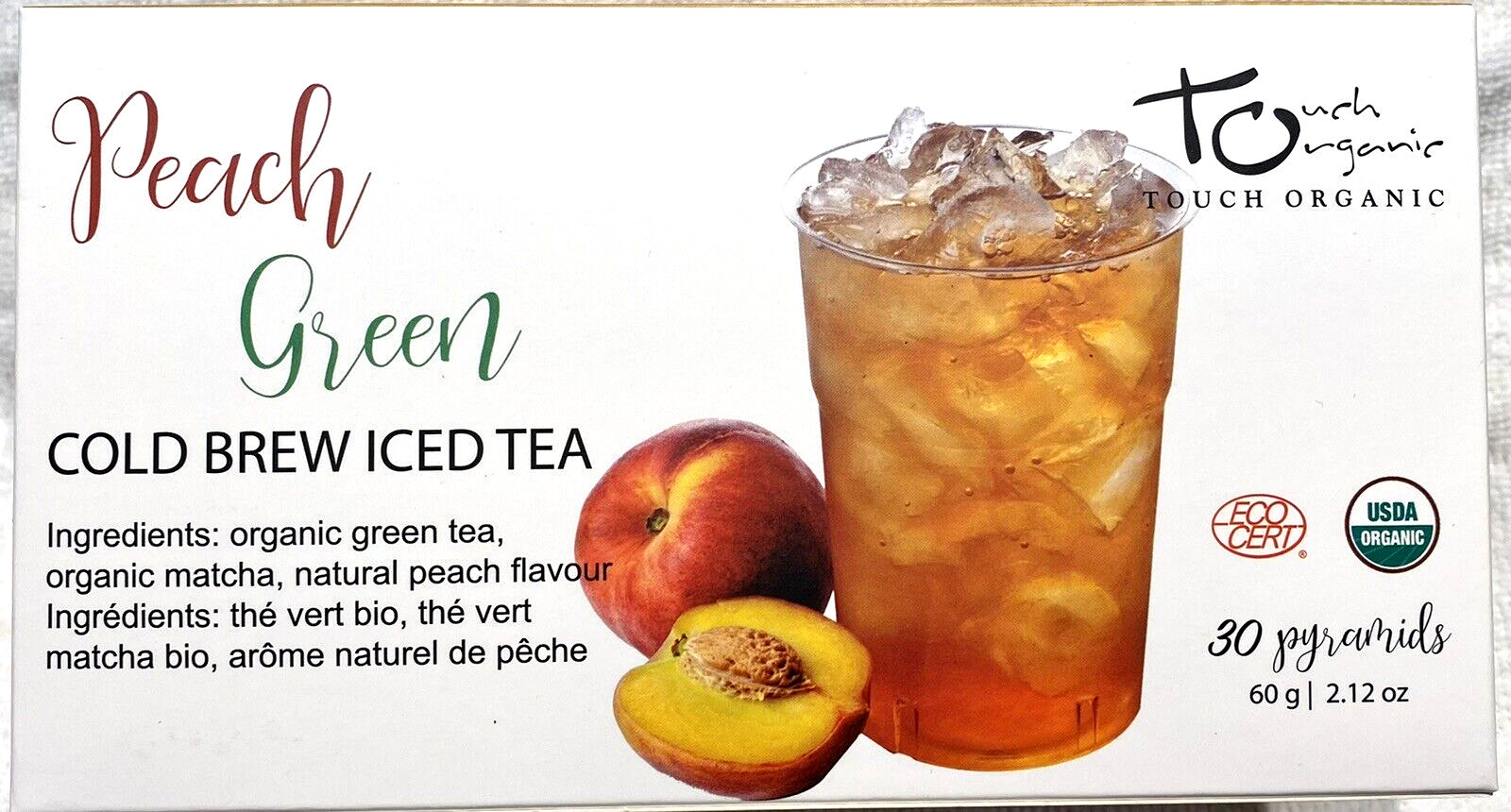 ICED TEA Cold Brew PEACH GREEN Tea w/ Matcha 30 Bags 2.12 oz by Touch Organic