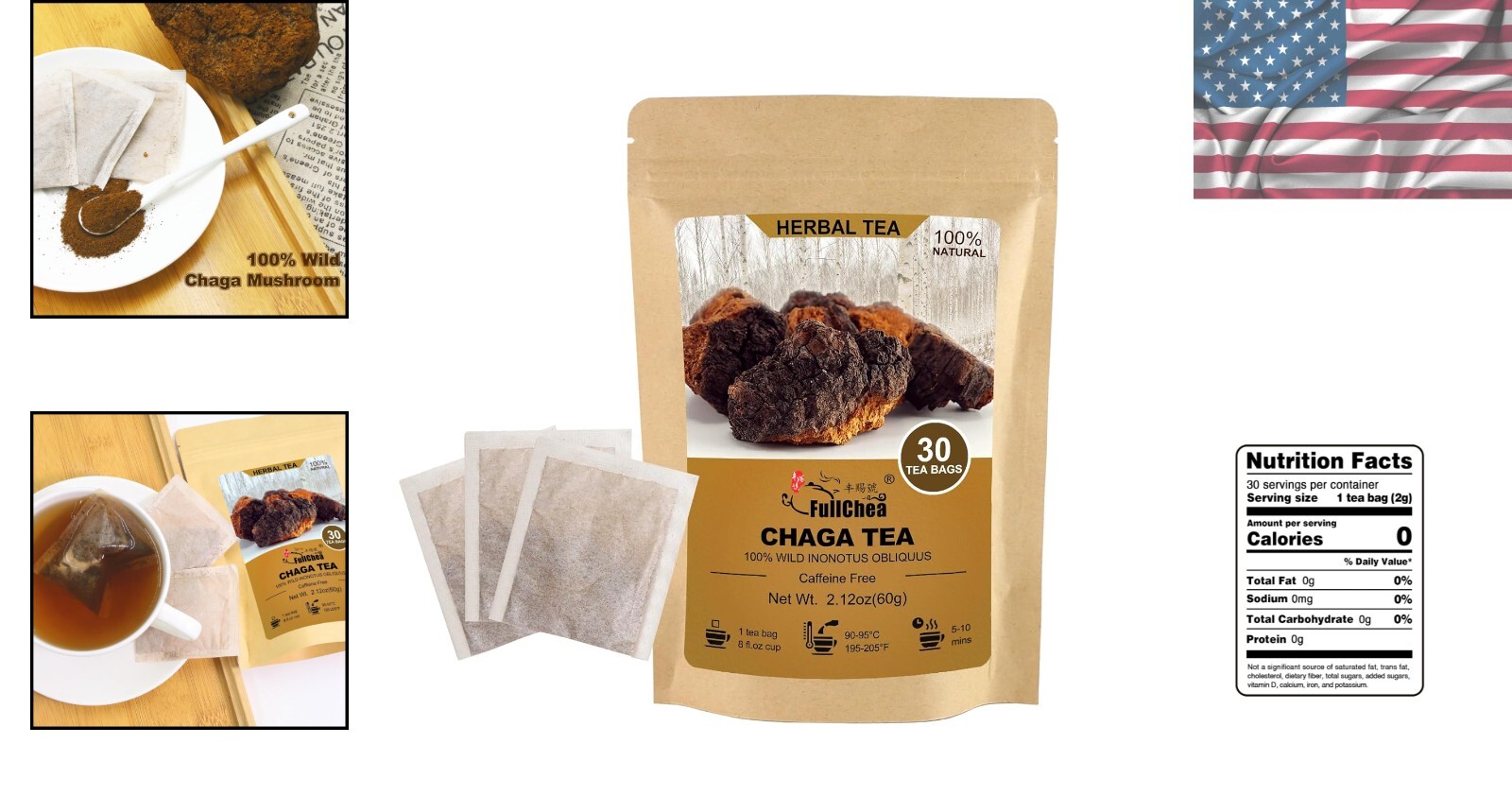 30 Bags of Caffeine-Free Chaga Tea – Support Immunity & Digestion Naturally