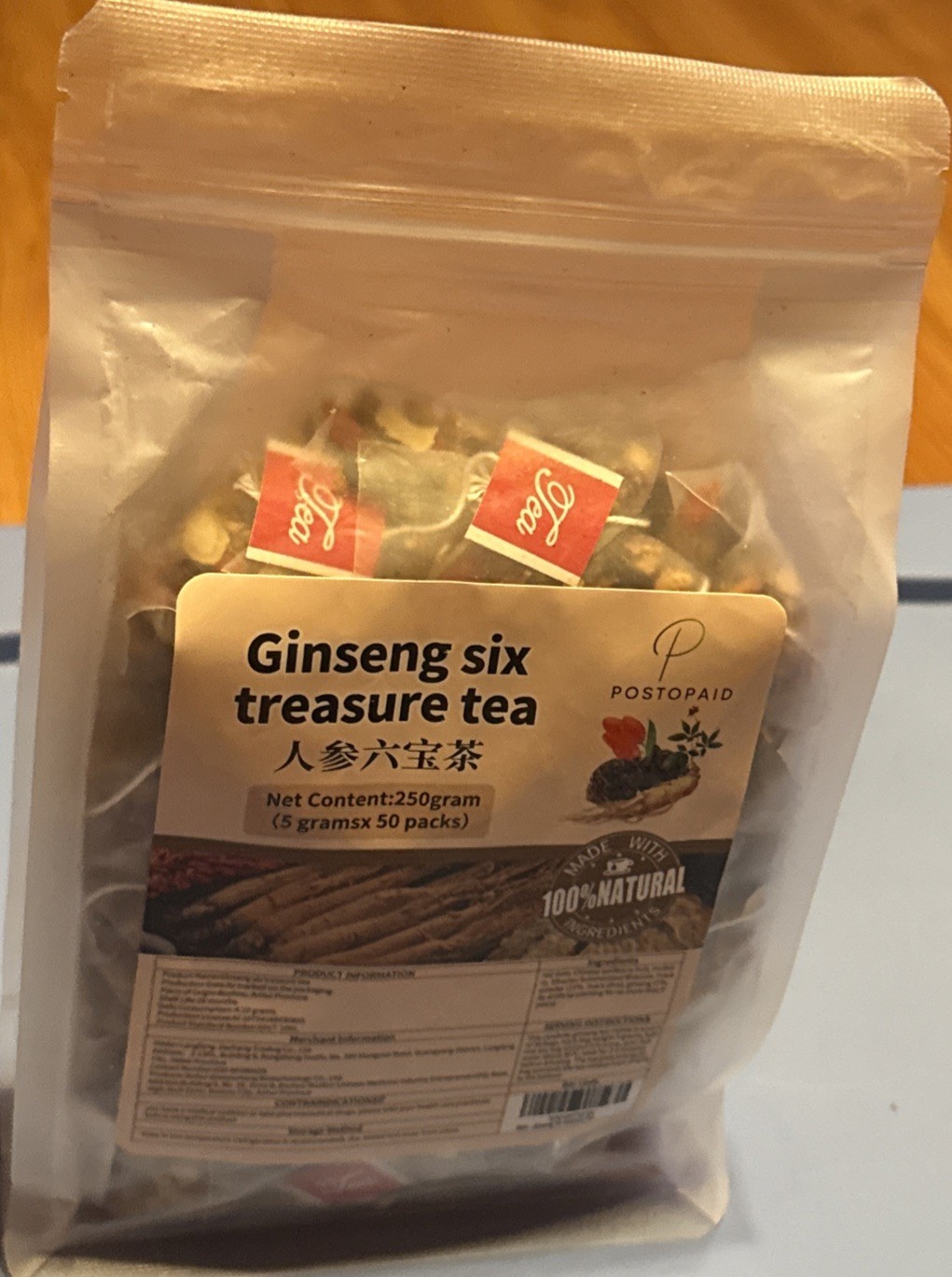 Ginseng six treasure tea Natural 50 Pack, 250 Gram Total Pack